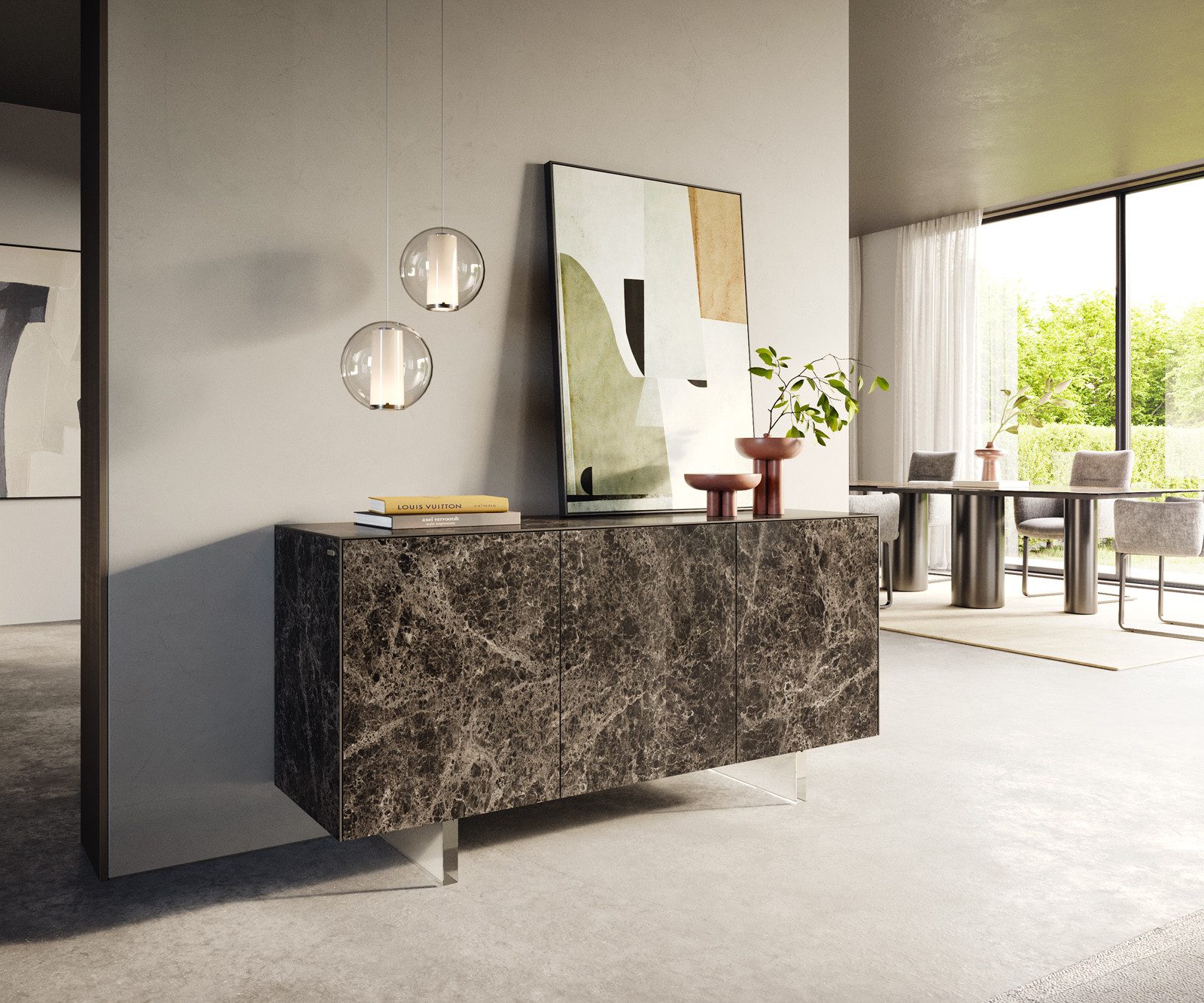 DELIFE Sideboard Cuor, Keramik Emperador Extra Lucidato Dunkelbraun 150 cm 3 Türen Fuß Schweb