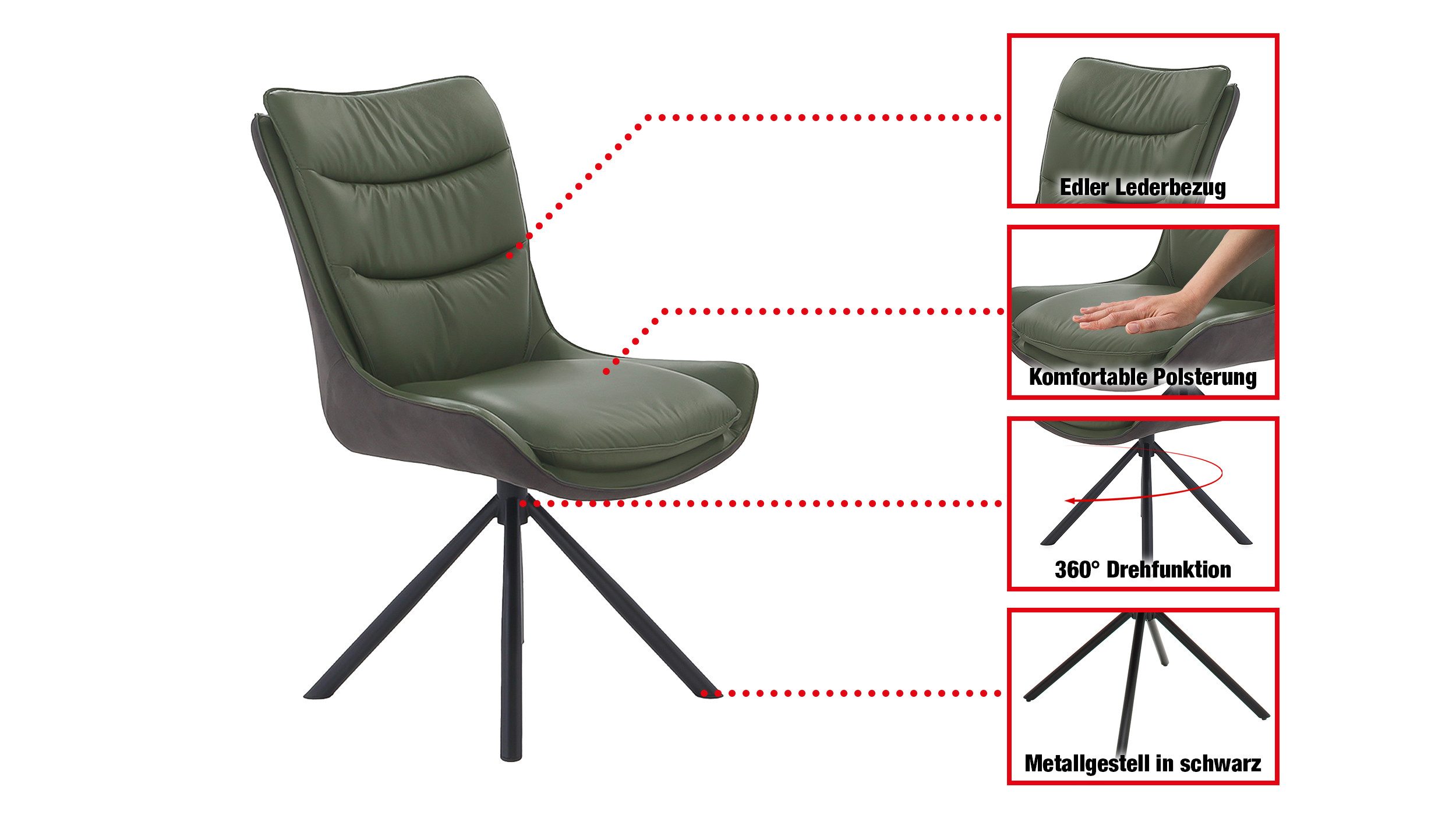 Massivart® Polsterstuhl drehbar 360 Grad, Esszimmerstuhl aus Echtleder & Stoff, »MAURICE«, Griff am Rücken · Metallgestell schwarz