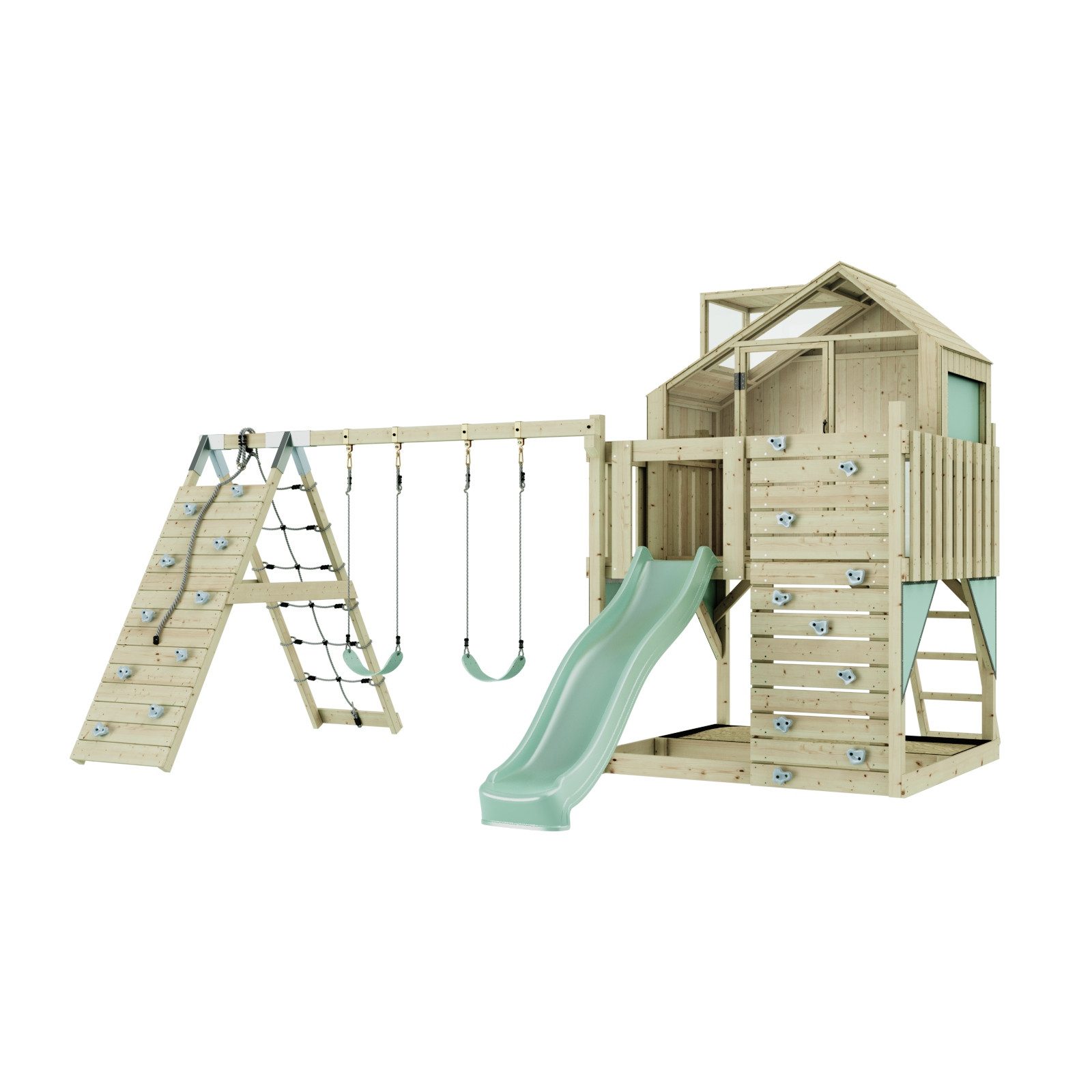 OutdoorToys Spielturm Oscar, aus Holz in Mintgrün mit Kinderschaukel