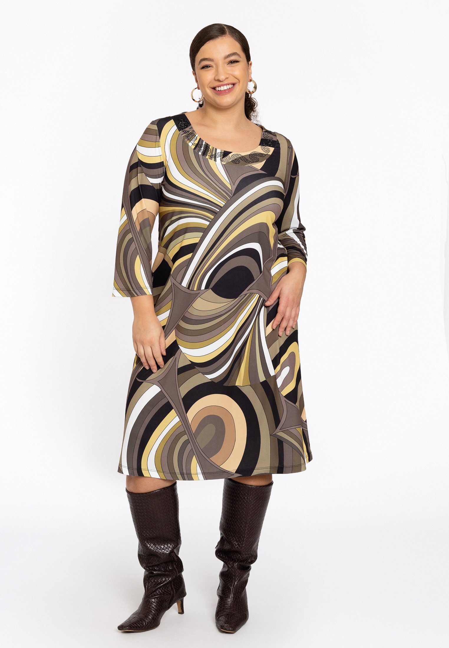 YOEK Midikleid Damen Kleid mit Druck mit langen Ärmeln – Bild 2 von 4