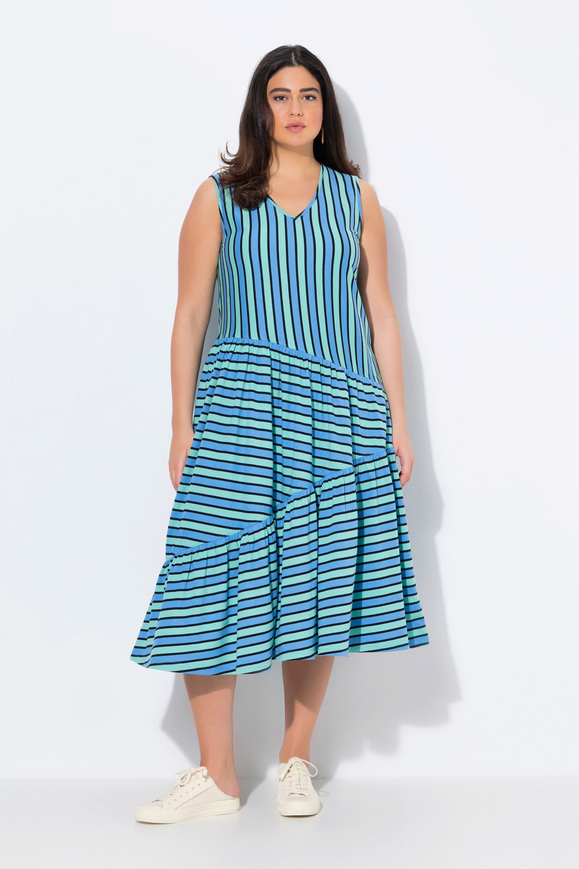 Ulla Popken Midikleid Midikleid A-Linie V-Ausschnitt ärmellos günstig online kaufen