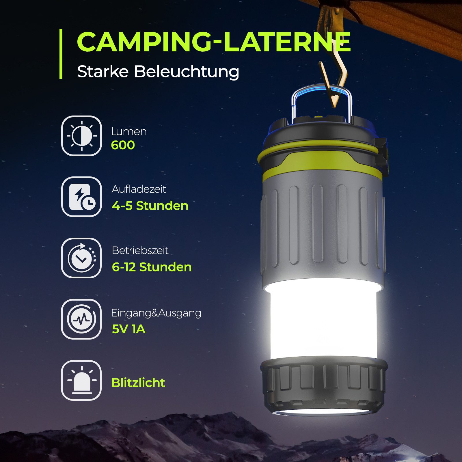Quntis LED Taschenlampe Campinglampe, Faltbare Camping Laterne, Tragbare Taschenlampe, IPX4 (Set, 1-St), Zelt Lampe für Stromausfällen, Wandern, Notfall, Ausfälle usw