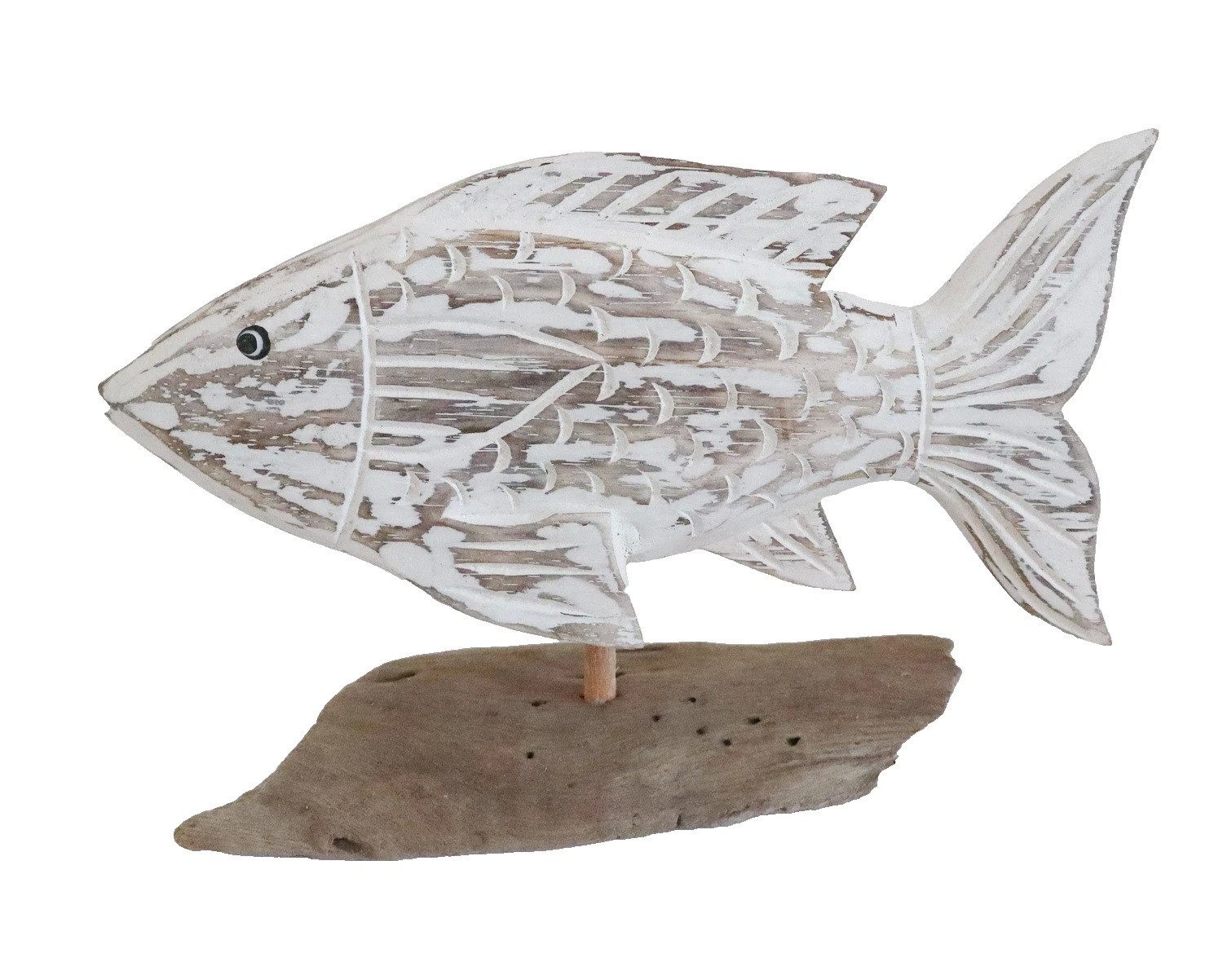 Kaufhaus le petit Tierfigur Deko Holz Fisch auf Treibholz Sockel Maritim Zierfisch Skulptur Figur, Tier Fischfigur Holzfisch Dekofigur Dekoskulptur Dekoobjekt