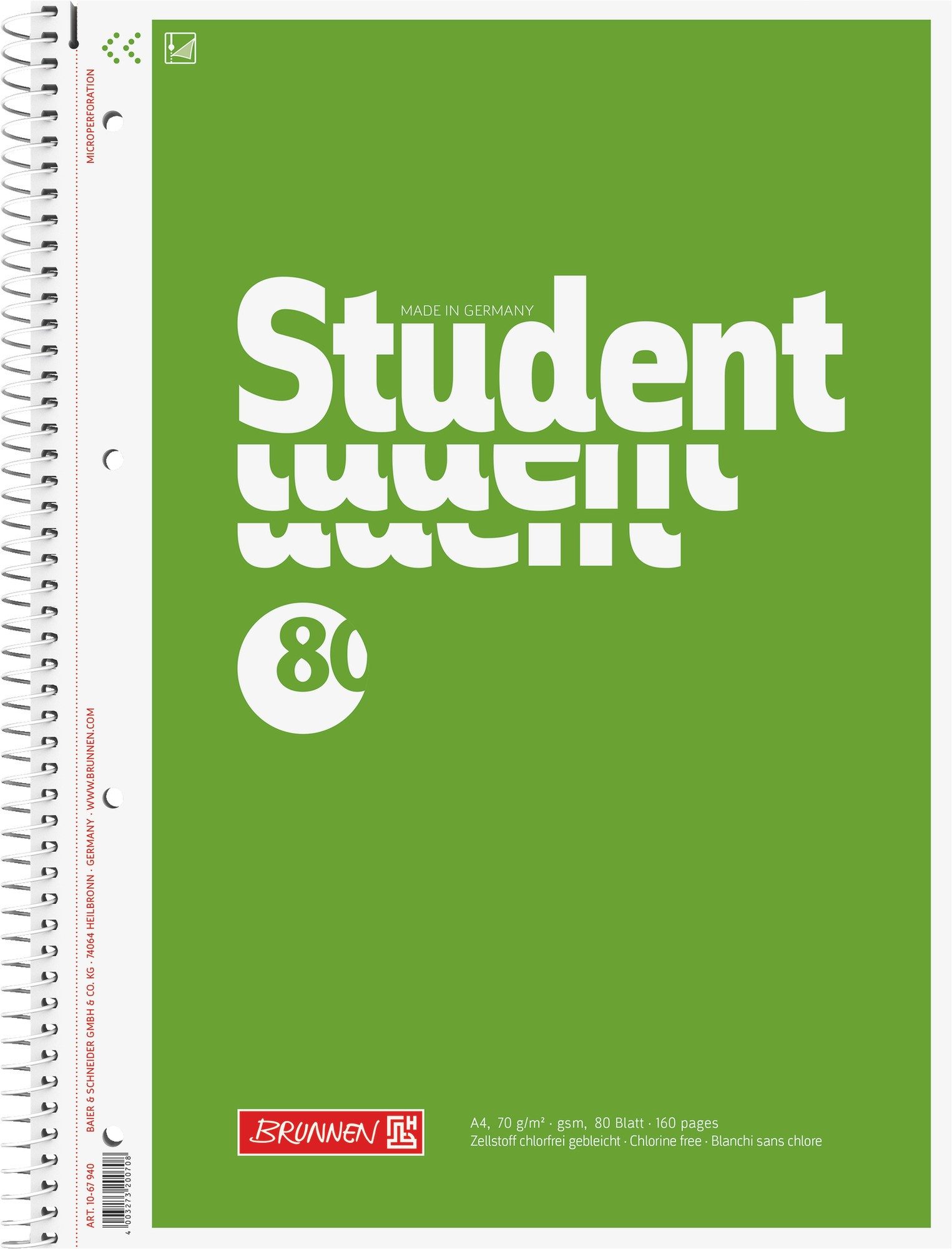 Baier & Schneider Collegeblock Collegeblock Student A4 unliniert 80 Blatt grün