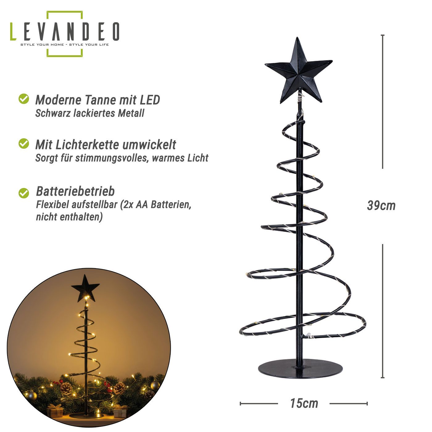 Levandeo® Weihnachtsfigur, LED Metall Weihnachtsbaum H39cm Schwarz Spirale günstig online kaufen