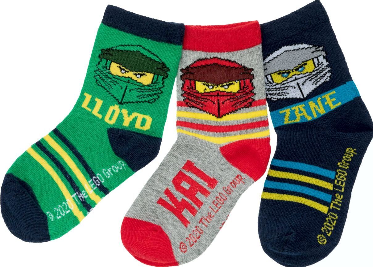 Freizeitsocken LEGO NINJAGO Socken Set 3 Paar Kindersocken Kinder Strümpfe für Jungen Ninja BUNT Gr.23 24 25 26 27 28 29 30 31 32 33 34
