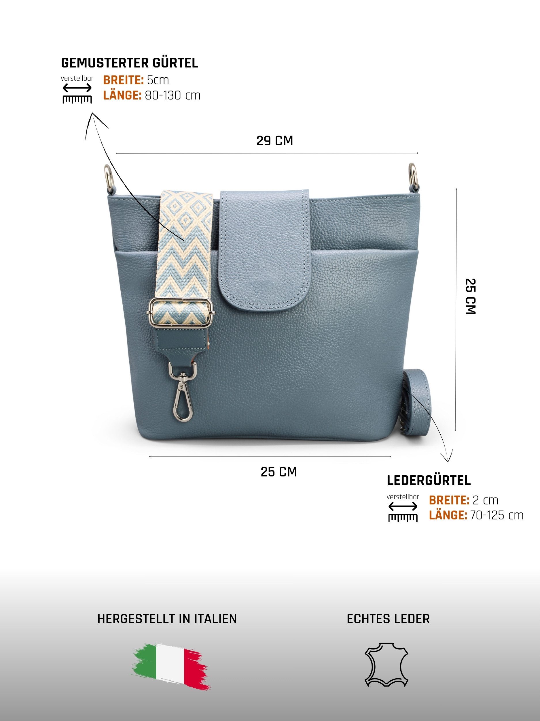 Adel Bags Schultertasche SARA Umhängetasche für Damen, Schultertasche aus Echtleder (Test SEHR GUT, Note 1.1), 20 Farboptionen, Hergestellt in Italien, mit 2 Riemen