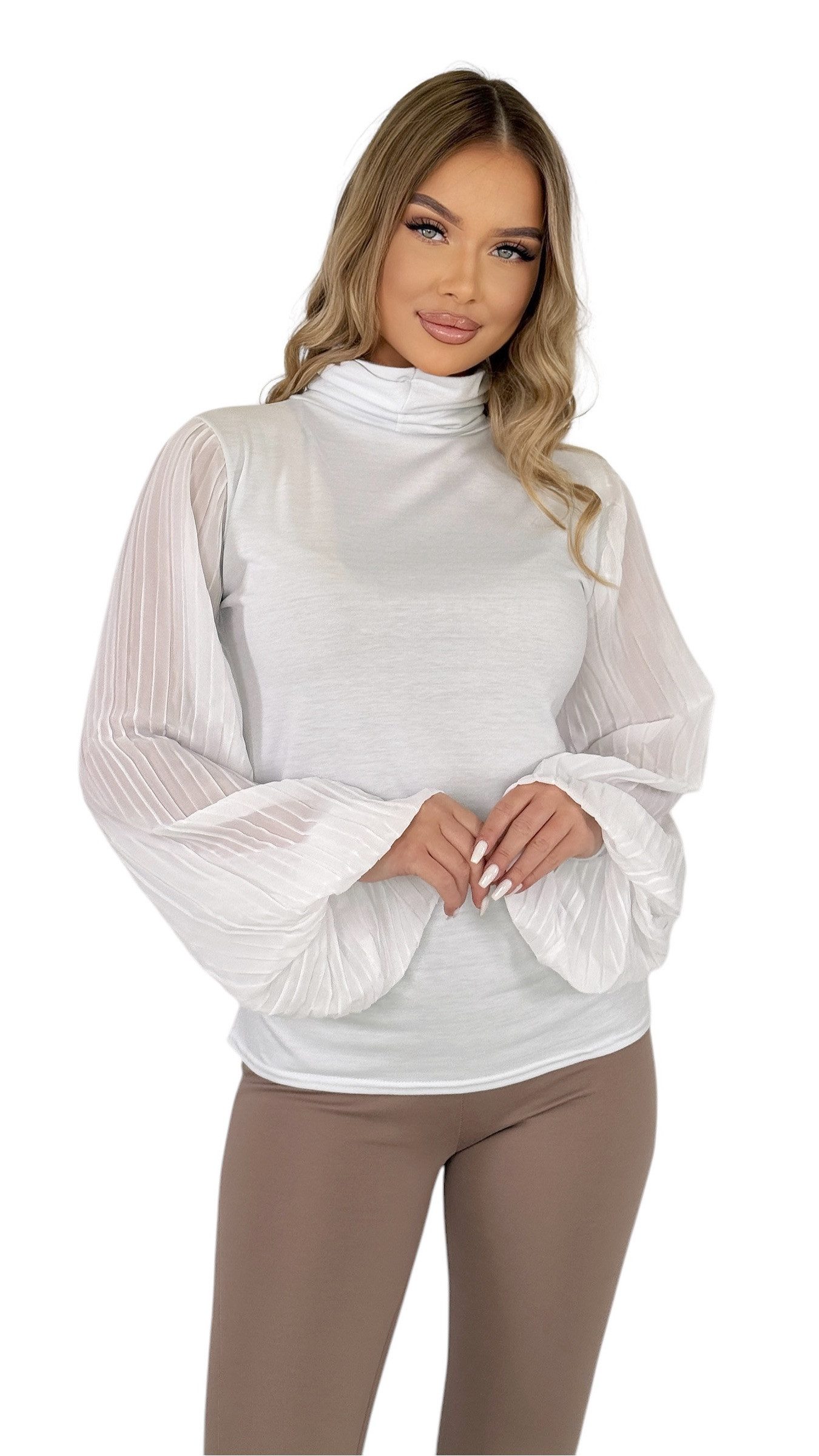 Mississhop Langarmbluse Damen Bluse Chiffon Rollkragen mit plissierten Ärmeln M.134 – Bild 4 von 5
