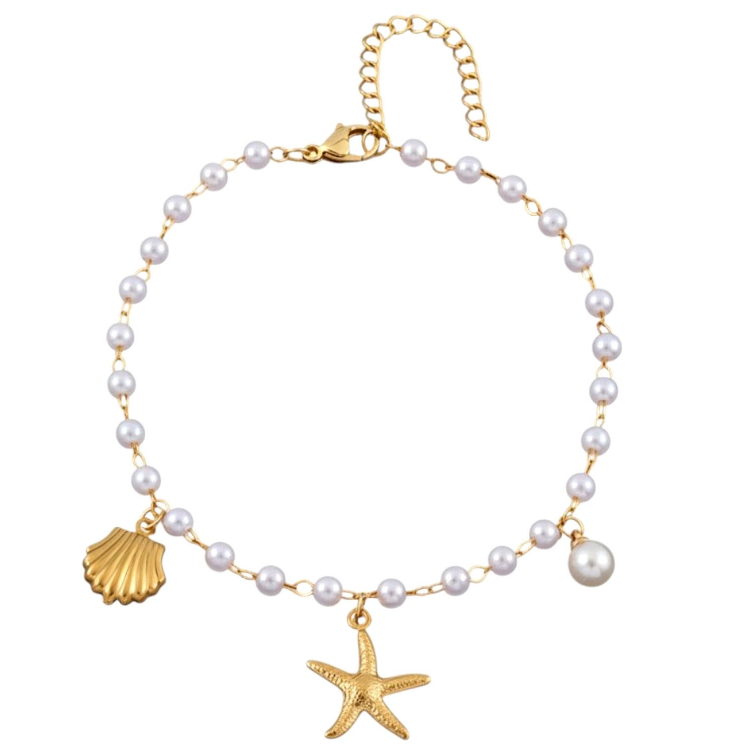 KARMA Fußkette mit Anhänger Perlen Seestern Muschel Gold Weiß 21 cm modern (Fußkettchen, 1-tlg., Fußschmuck Urlaub Strand Abendmode), filigrane Fusskette Kunstperlen