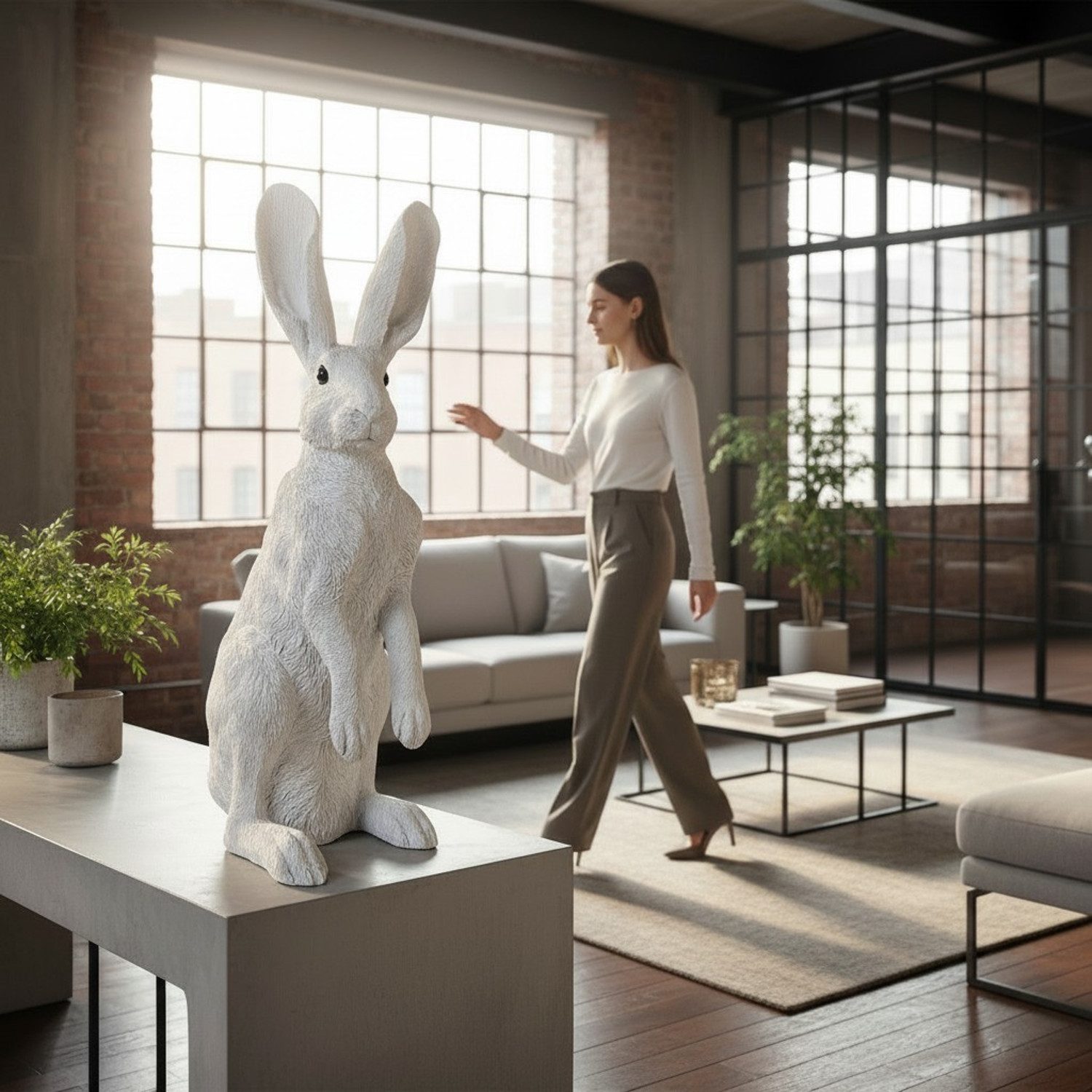 Macosa Home Osterhase XL Weiß 52 cm Polyresin Dekohase Hase (Figur Dekohase Dekofigur, 1 St., Ostern Dekoration Tischdeko), Skulptur Ostedeko Osterdekoration