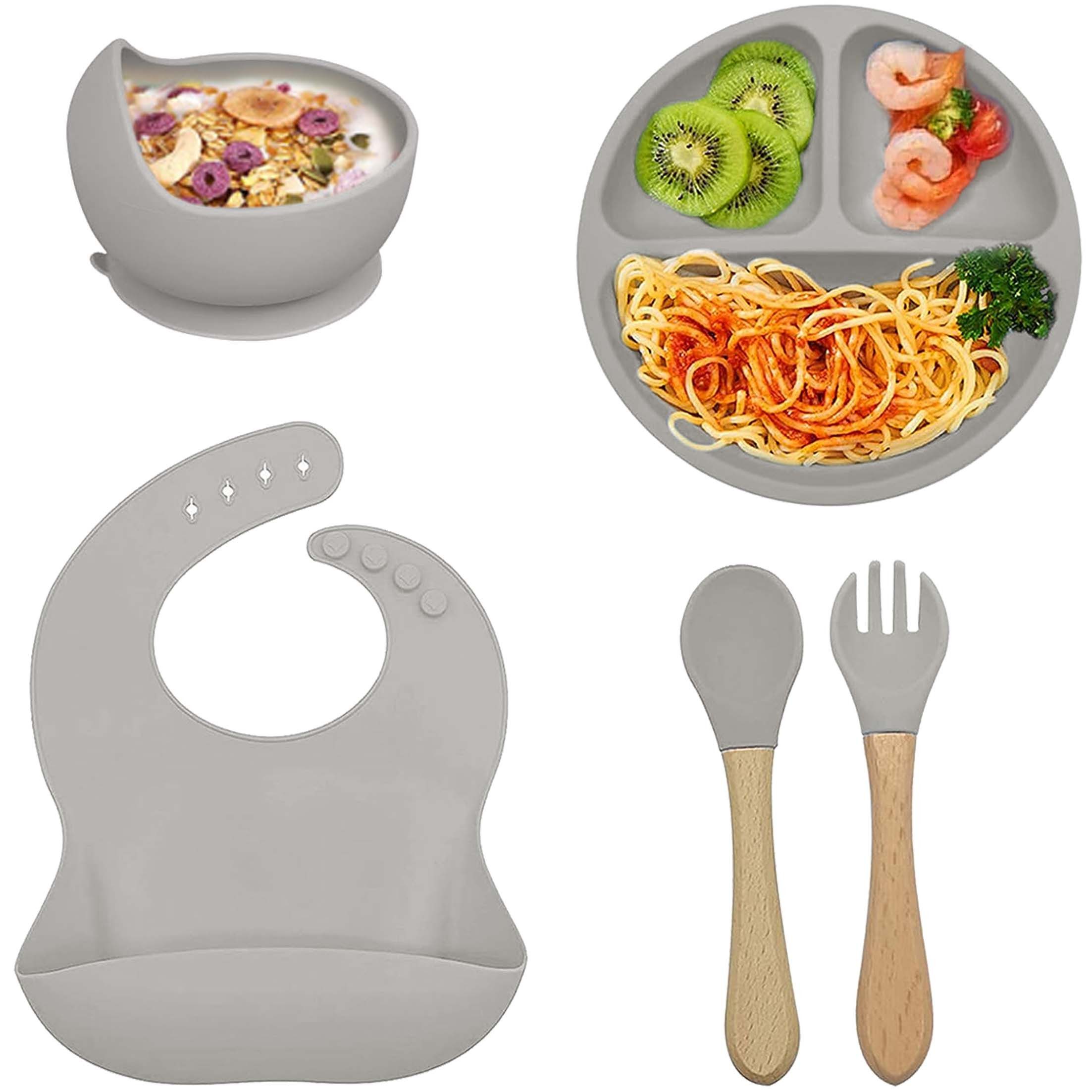 KINSI Kindergeschirr-Set 5er Silikon-Kindergeschirr Set, Babyteller, sicher ohne Schädstoffe, 1 Personen, Kindergeschirr aus Silikon Schüssel, Gabel, Löffel Lätzchen Set