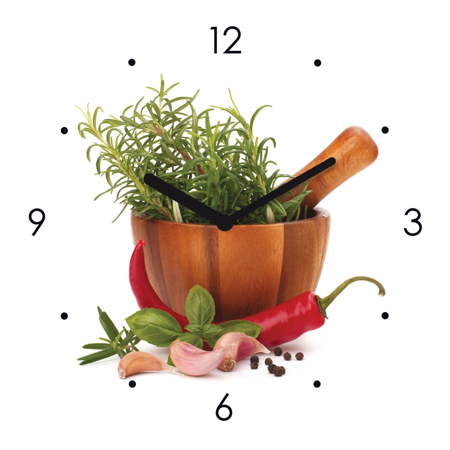 (Wanduhr Glas 20x20cm Wanduhr Schale Levandeo® Chili Uhr Kräuter Küche) Glasbild