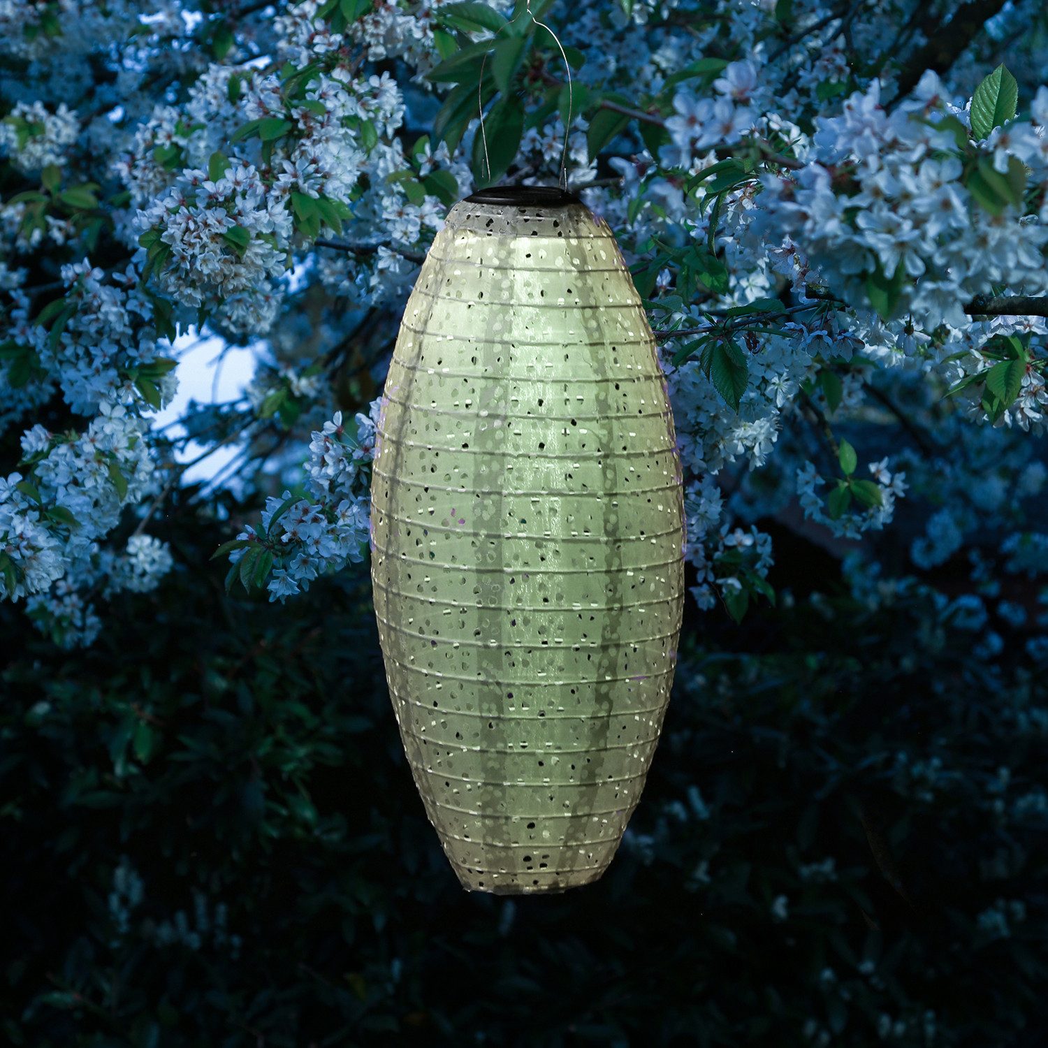 MARELIDA LED Lampion Solar Gartenlampion oval mit Blumenmuster grün H:40cm Balkon Terrasse, LED Classic, warmweiß (2100K bis 3000K)