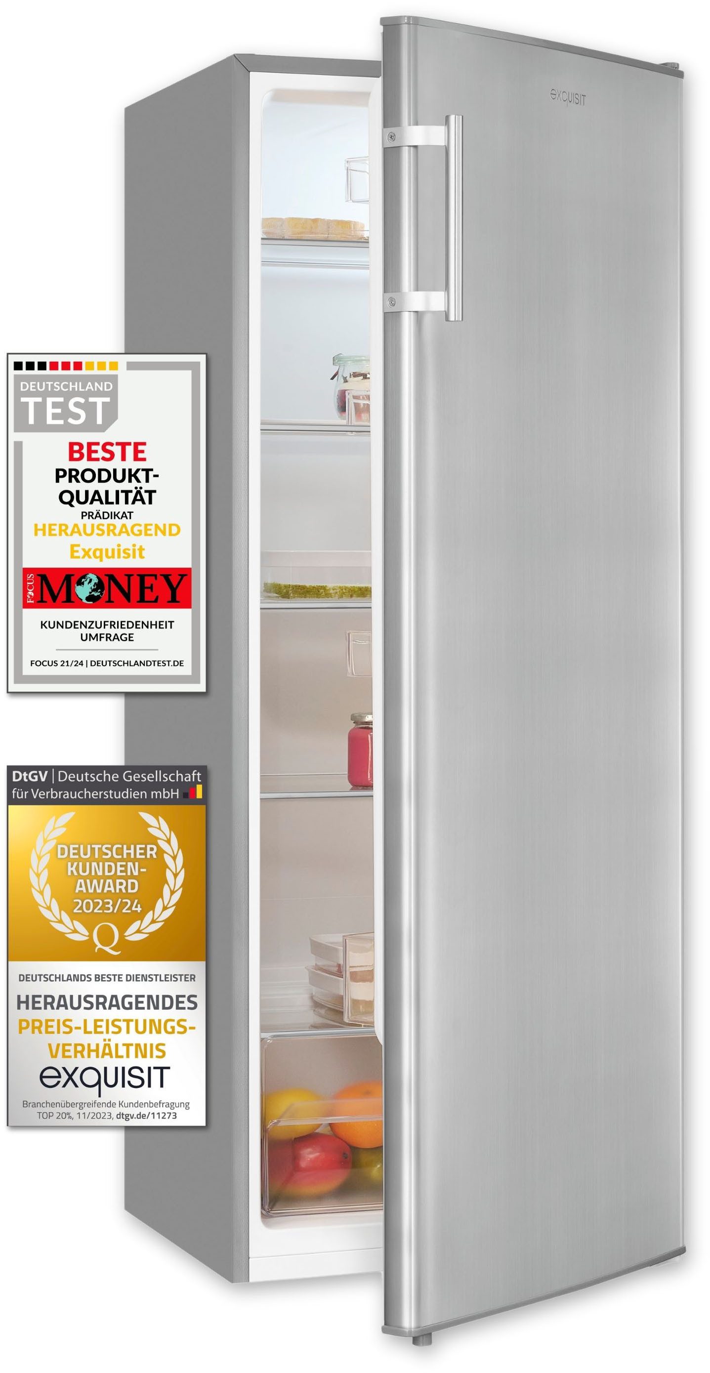 exquisit Vollraumkühlschrank KS320-V-H-040D inoxlook, 142,6 cm hoch, 54,5 cm breit, Flexibel & effizient: 242 L Kühlschrank mit Abtau-Automatik