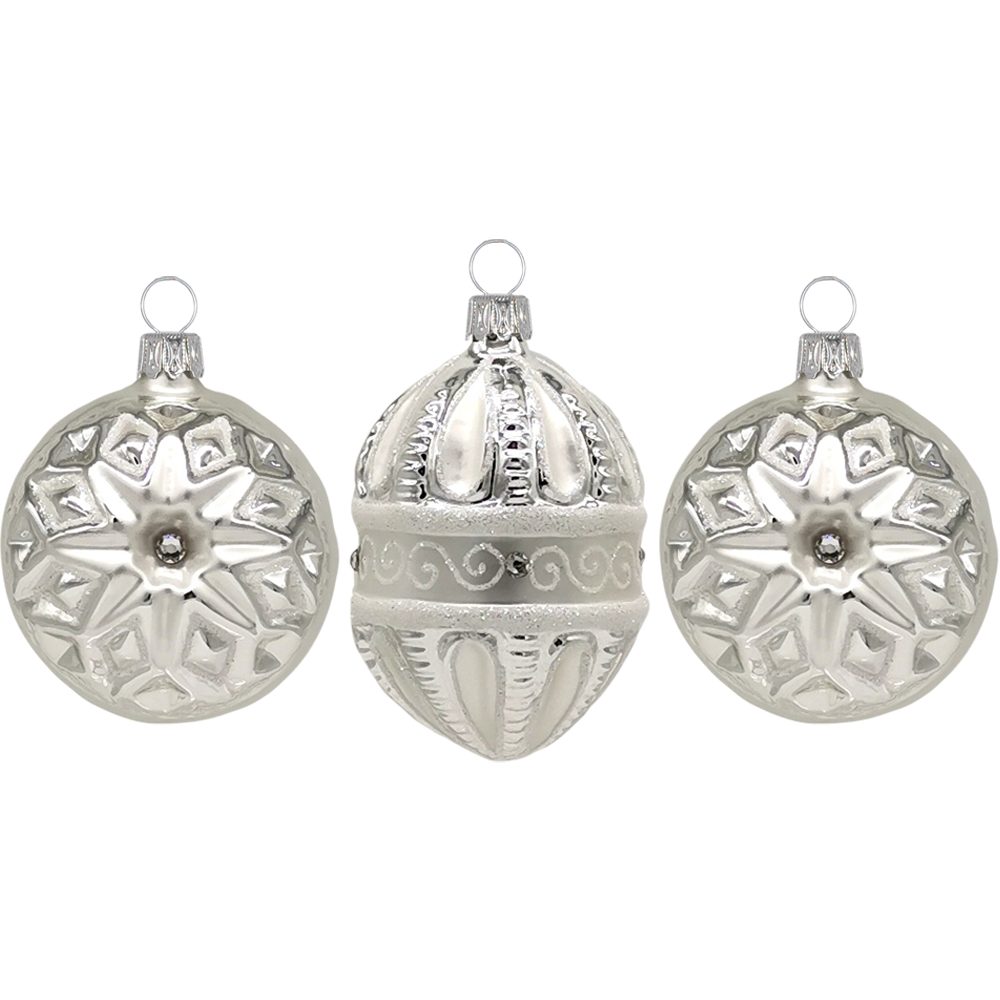 Schatzhauser Christbaumschmuck Silberform Ornamente-Set, 3tlg. 6-7cm (3-tlg), mundgeblasen, handbemalt | Dekohänger