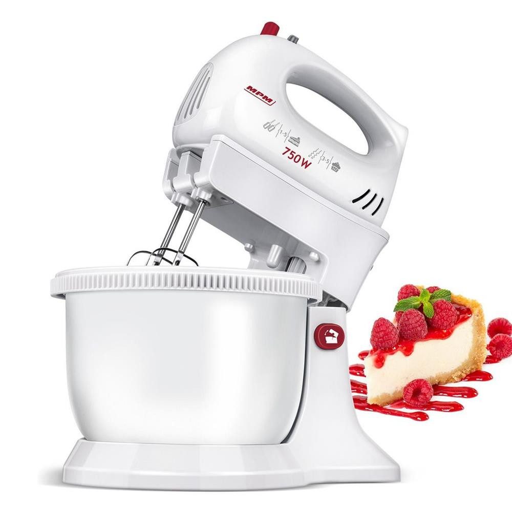 MPM Handmixer MPM MMR-16Z Handmixer mit rotierender Schüssel 750 W Weiß, 5 Geschwindigkeitsstufen, Turbofunktion, Standfuß