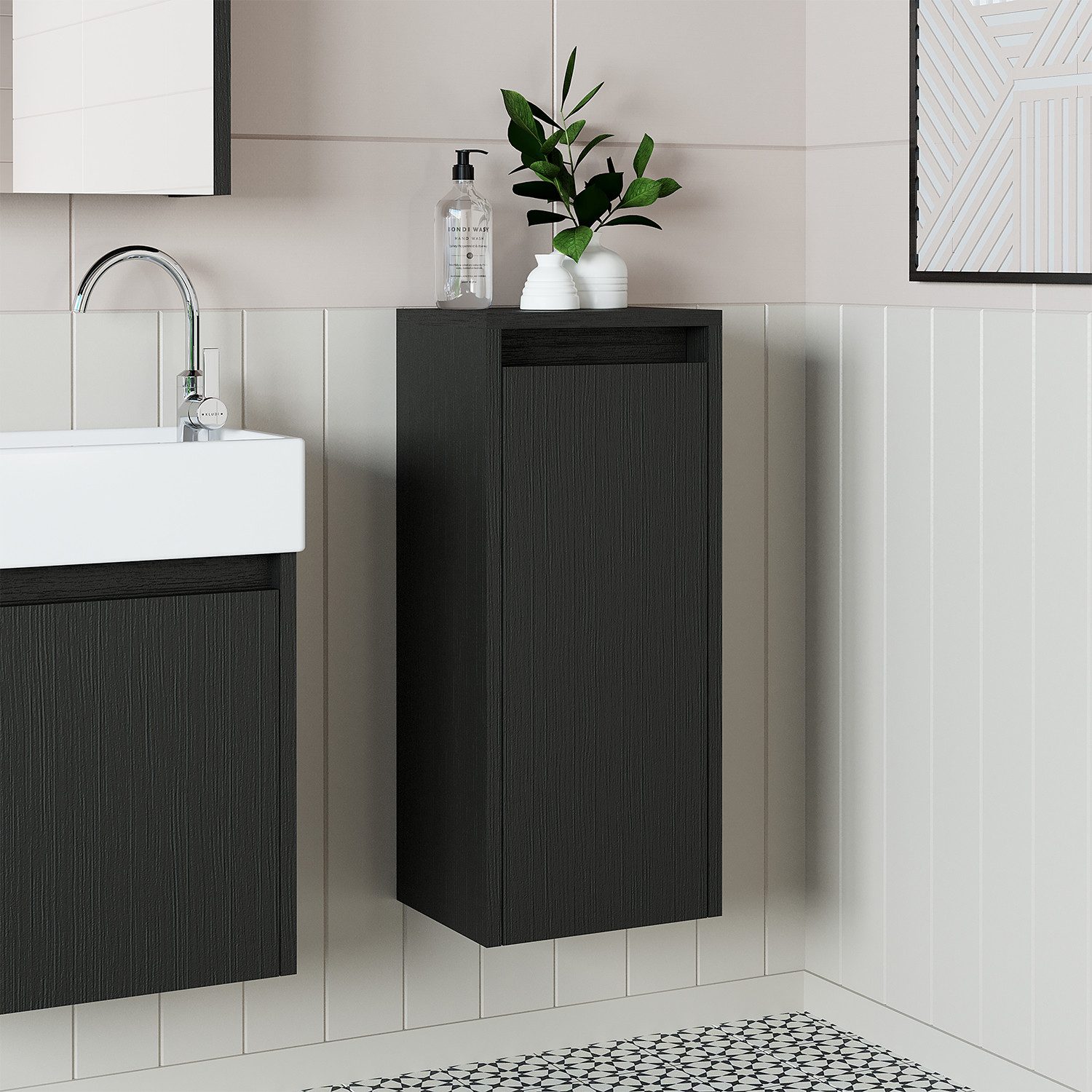 Roomart Badmöbel-Set MINI 50 hängend, 25 cm tief, Soft-Close, Keramikbecken in 5 Farben, (Komplett-Set für Badezimmer, Gäste WC, Unterschrank mit Waschbecken, Seitenschrank, Spiegelschrank), Soft-Close, Wandmontage, Keramikbecken inkl., 5 Farben, 25 cm tief
