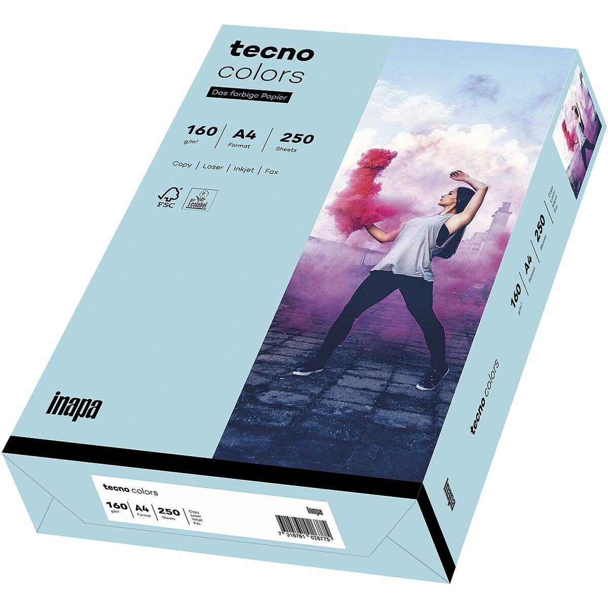 Inapa tecno Drucker- und Kopierpapier Rainbow / tecno Colors, Pastellfarben, Format DIN A4, 160 g/m², 250 Blatt mittelblau