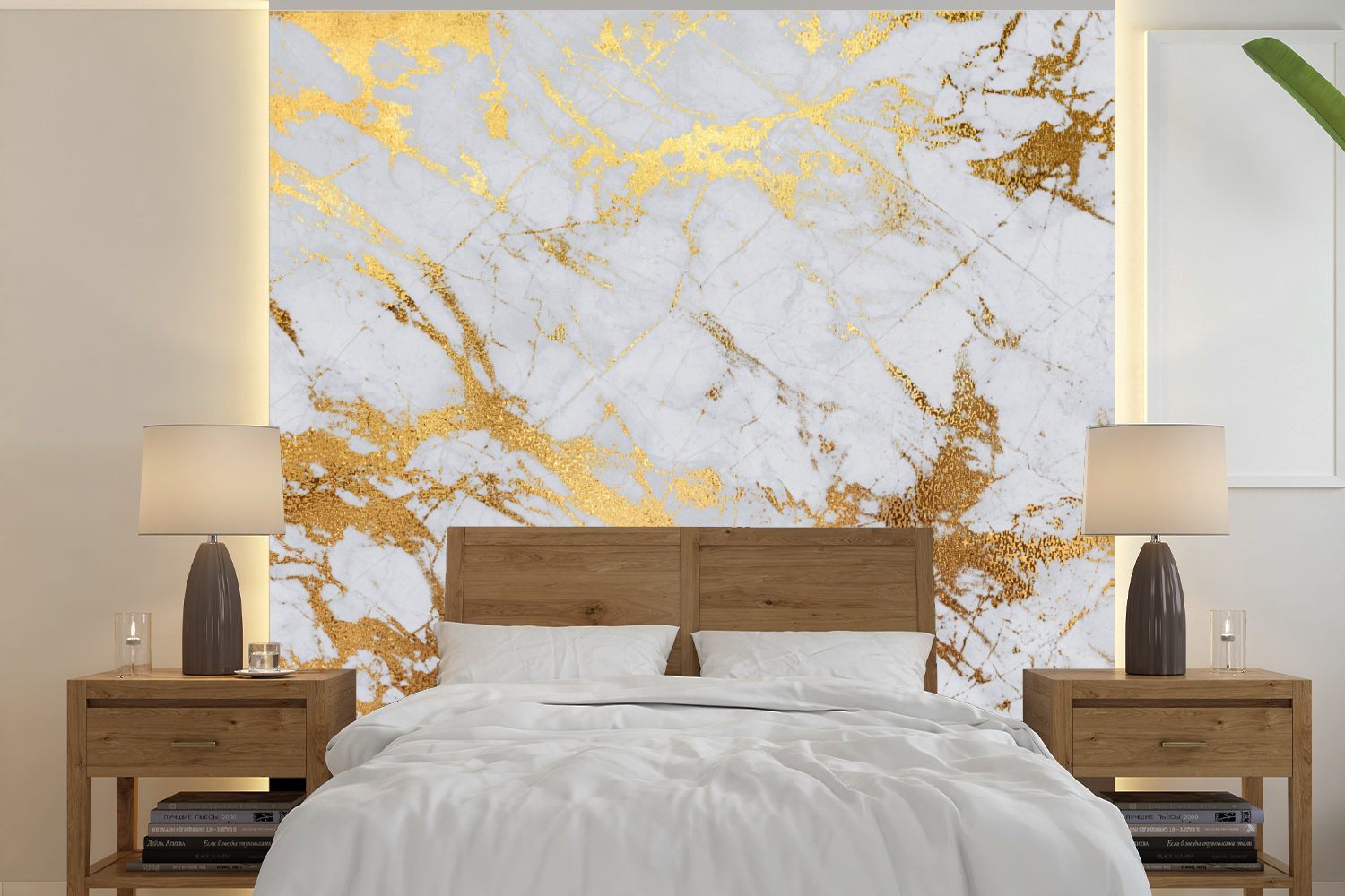 MuchoWow Fototapete Marmor - Gold - Weiß, Matt, bedruckt, (5 St), Vinyl Tapete für Wohnzimmer oder Schlafzimmer, Wandtapete