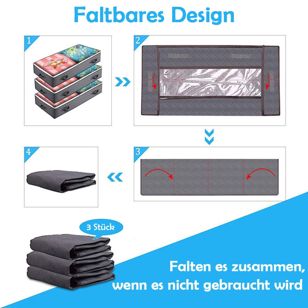 TUWENA Unterbettkommode 3 Stück Unterbettkommode mit Deckel, 75L Faltbare Grosse Kleidertasche (3 St), Kleideraufbewahrung mit Klare Fenster für Bettdecken, Kle – Bild 3 von 5