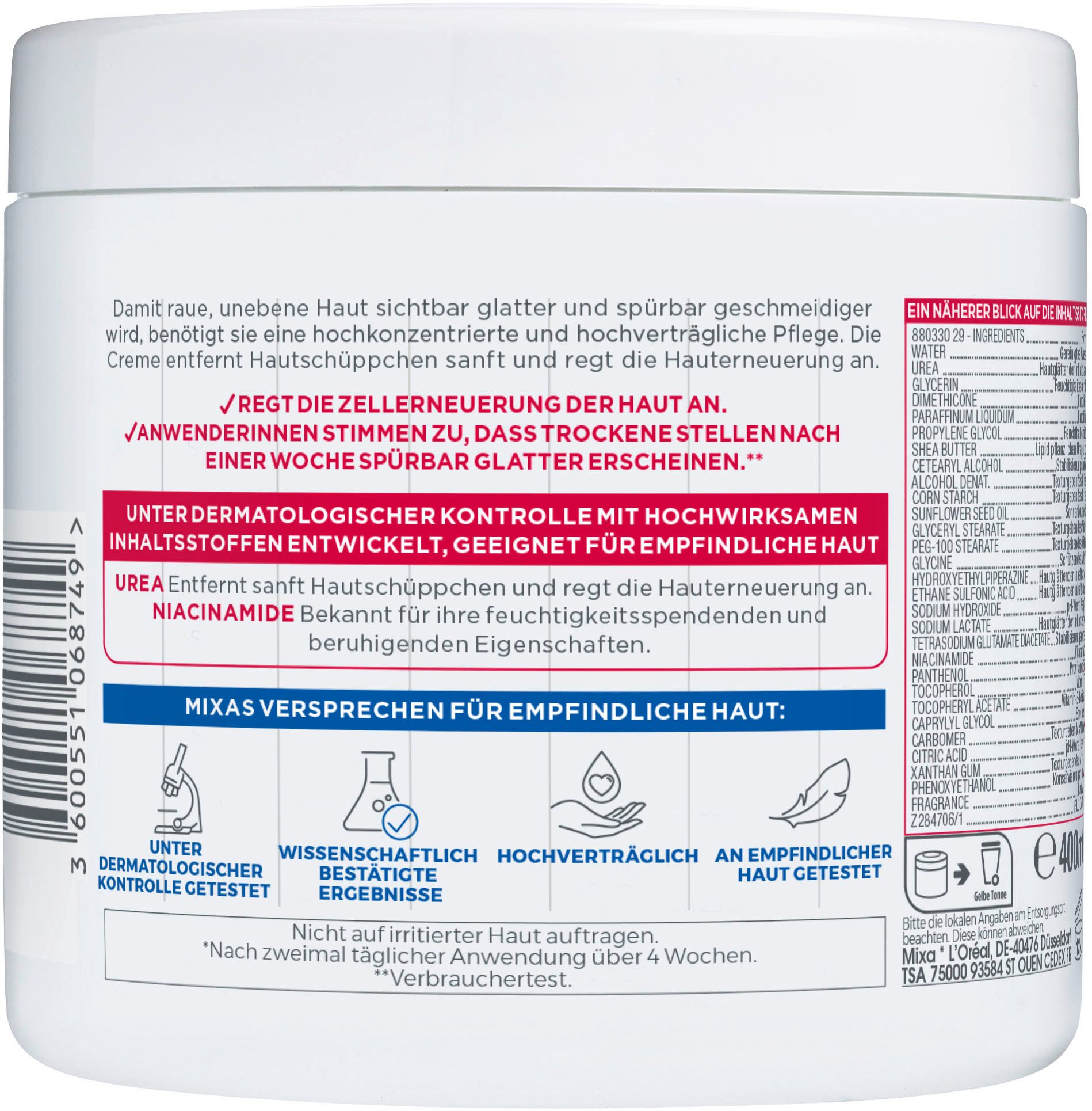 Mixa Körpercreme MIXA UREA CICA REPAIR + HAUTERNEUERNDE CREME, gegen trockene Haut und Hautirritationen, tiefenwirksame Pflege