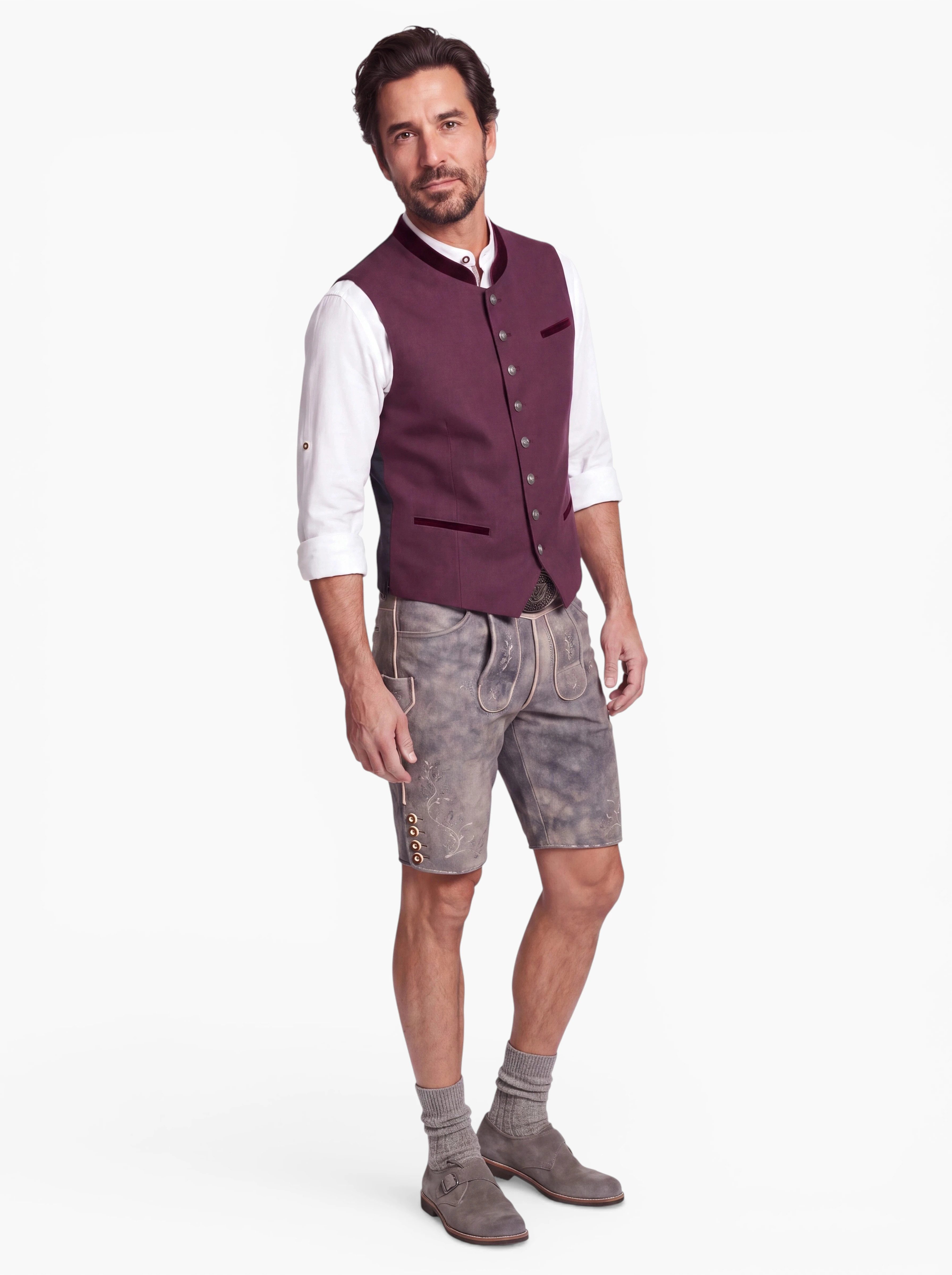 Moschen-Bayern Trachtenweste Kuno Stretch Herren Gilet mit Samtbesatz – Bordeaux – Bild 2 von 5