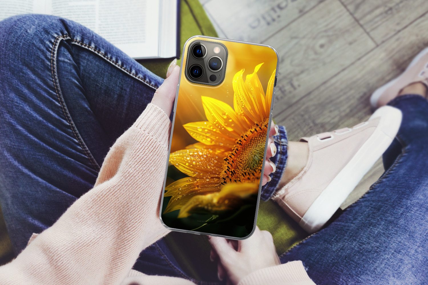 MuchoWow Handyhülle für Apple iPhone 13 Pro Sonnenblume - Tautropfen - Gelb - Sonnenlicht, Smartphone-Bumper, Print, Handy Schutzhülle Dünn