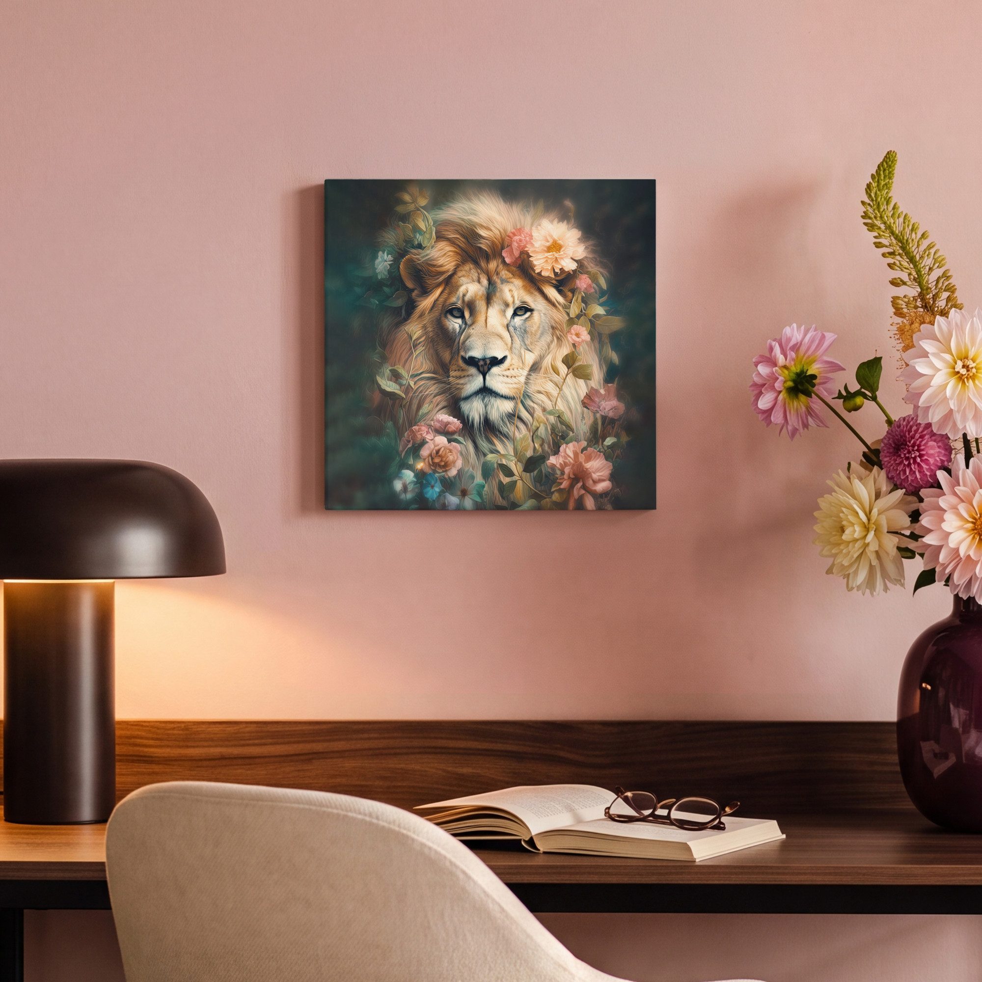 OneMillionCanvasses® Leinwandbild Löwe - Löwenkopf - Wilde Tiere - Blumen, Fotodruck (1 St), Leinwand Bilder Klein, Wand Dekoration Aesthetic 30x20 cm – Bild 4 von 5