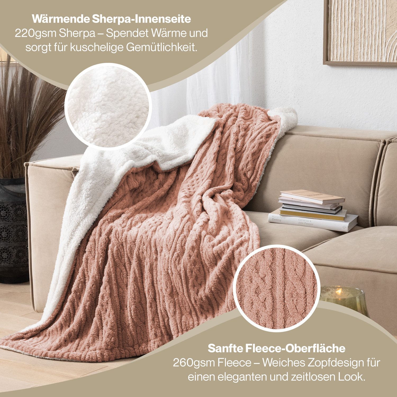 Wohndecke Oeko-TEX zertifizierte waschbare Wohn- & Kuscheldecke, Blumtal, mit weicher Sherpa-Innenseite – Bild 5 von 5