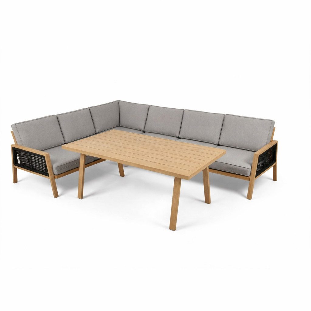 Greemotion Gartenlounge-Set Monaco Lounge-Set Grau-Holz / Beige inkl. Auflagen & Tisch, (5-tlg)