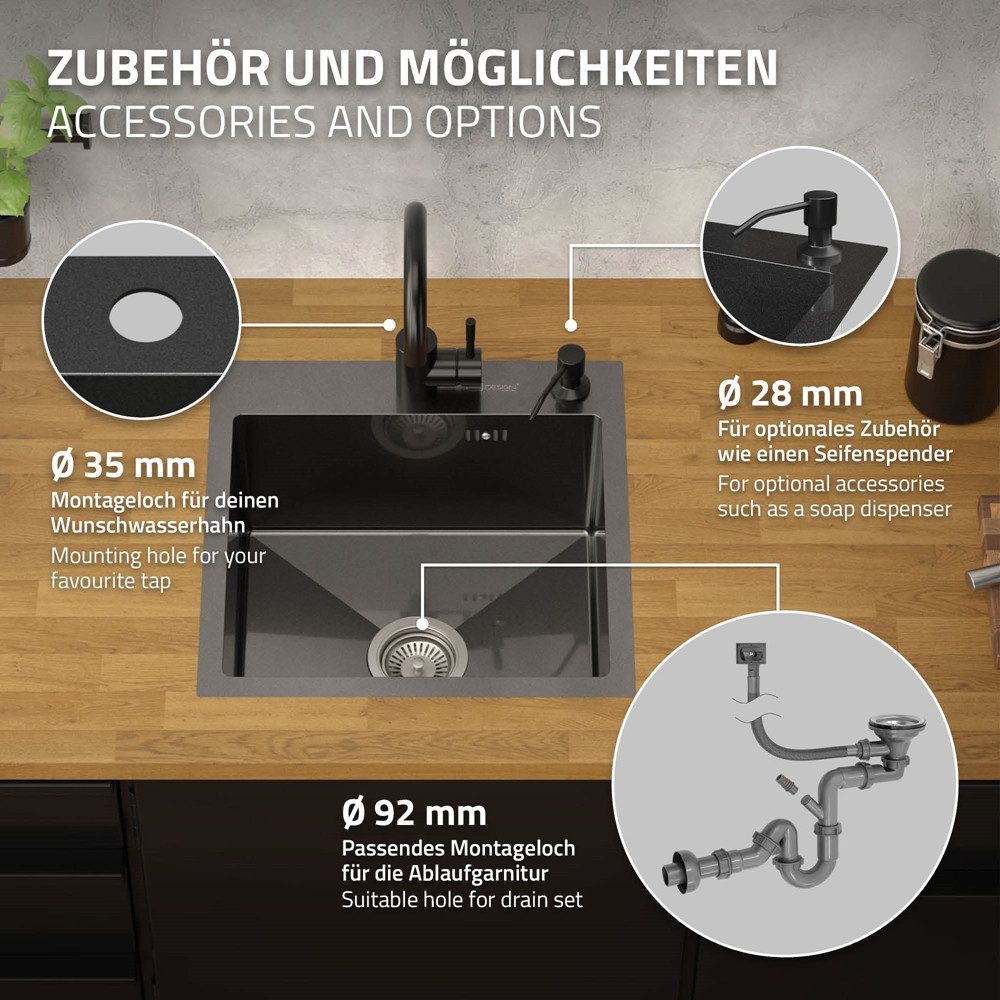 ML-DESIGN Küchenspüle Spülbecken aus Edelstahl, mit Ab- und Überlaufgarnitur & Siphon, 45/45 cm, Anthrazit Einzelbecken Waschbecken Küche Spüle Edelstahlspüle – Bild 4 von 5