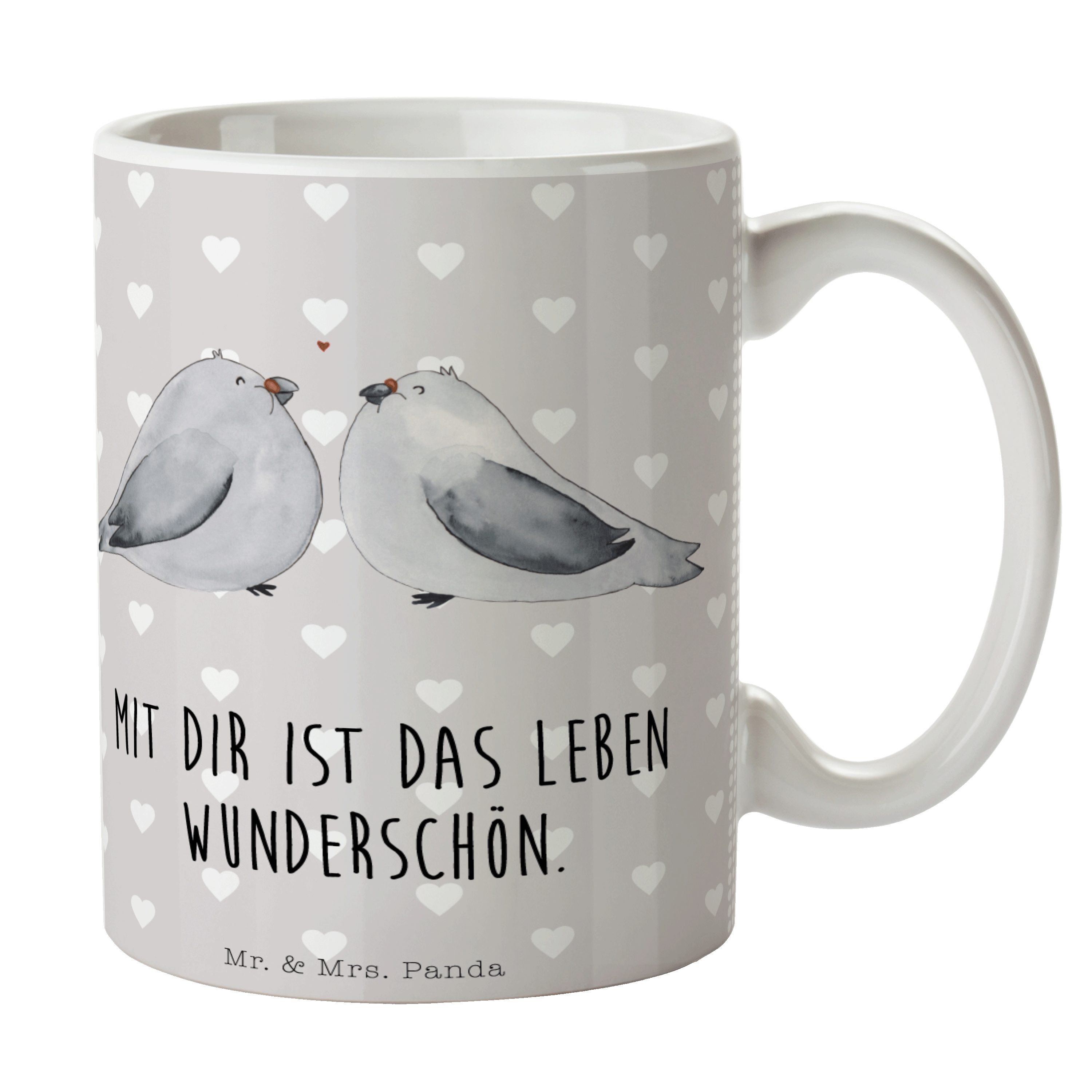 Mr. & Mrs. Panda Tasse Turteltauben Liebe - Grau Pastell - Geschenk, Büro Tasse, Geschenk Ta, Keramik