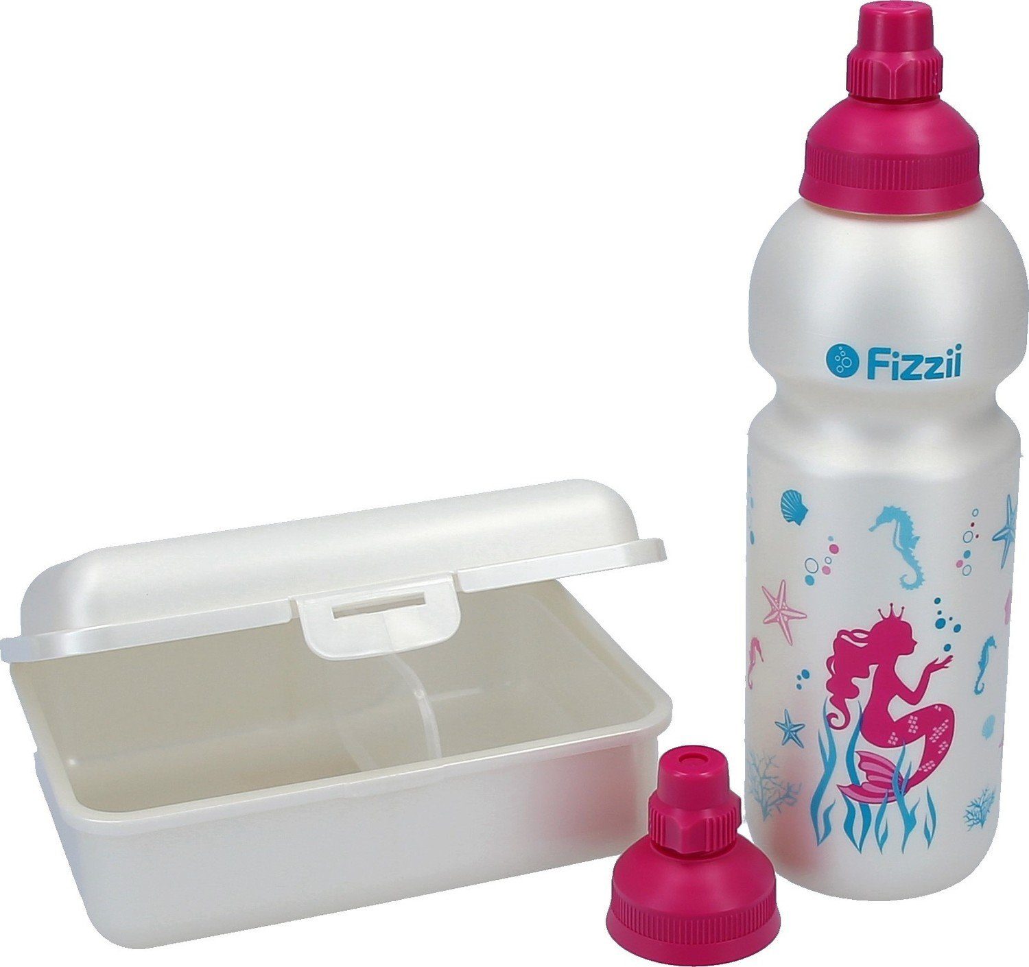 Fizzii Weltraum Lunchbox Trinkflasche & 600ml extra und mit Meerjungfrau Trennfach Set, 3-er Brotdose Fizzii Trinkverschluss