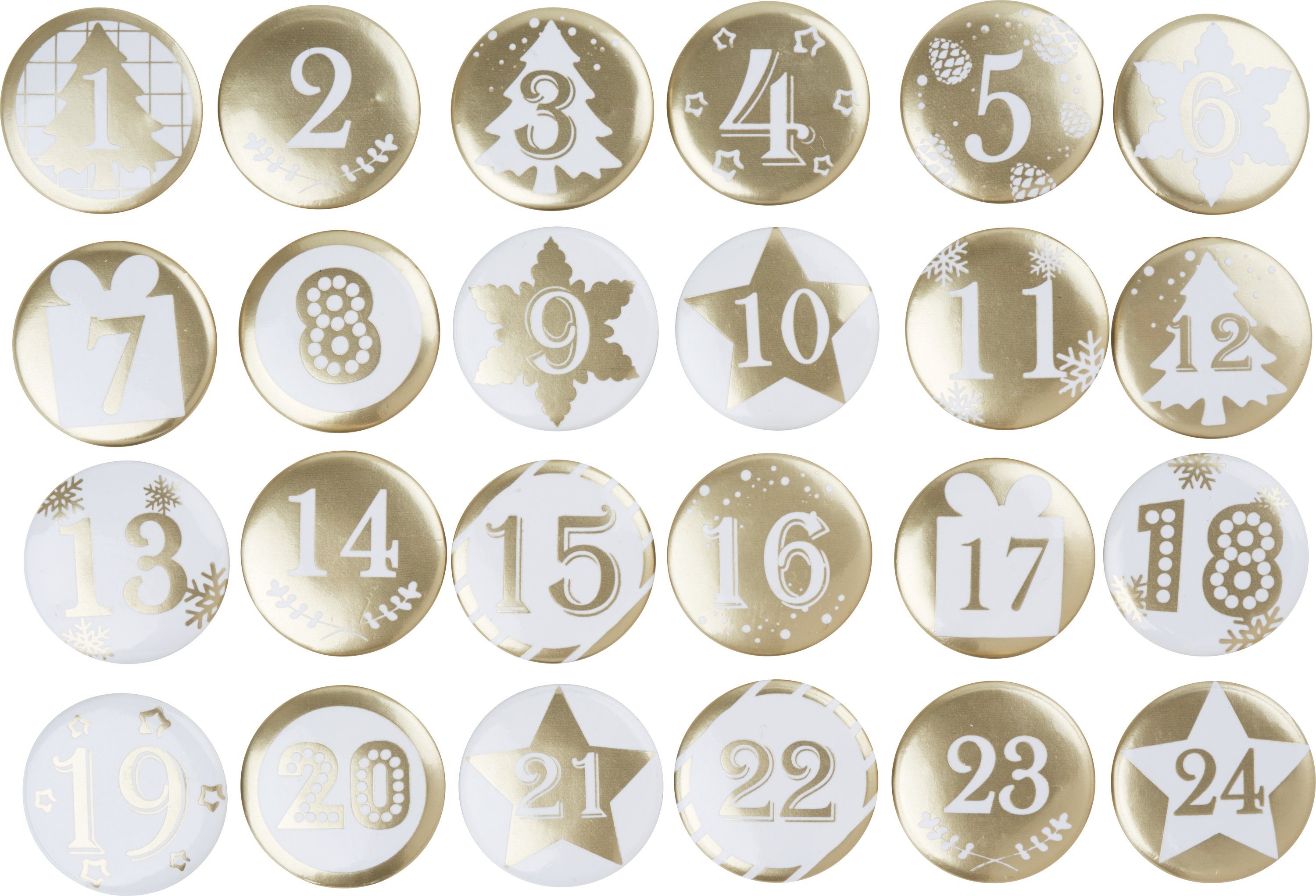 Folia Deko-Buchstaben Buttons PERLMUTT (24 St), Zahlen von 1–24, Weiß und Perlmutt, Ø ca. 2,4 cm