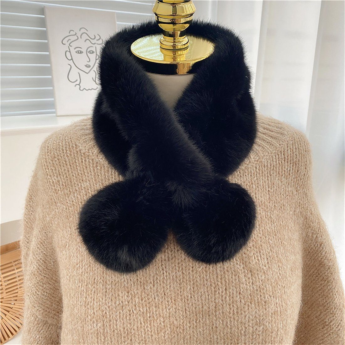 DÖRÖY Modeschal Damen Faux Winter Plüsch Kaninchen Schwarz Schal Schal, Otter Faux Pelz Fur