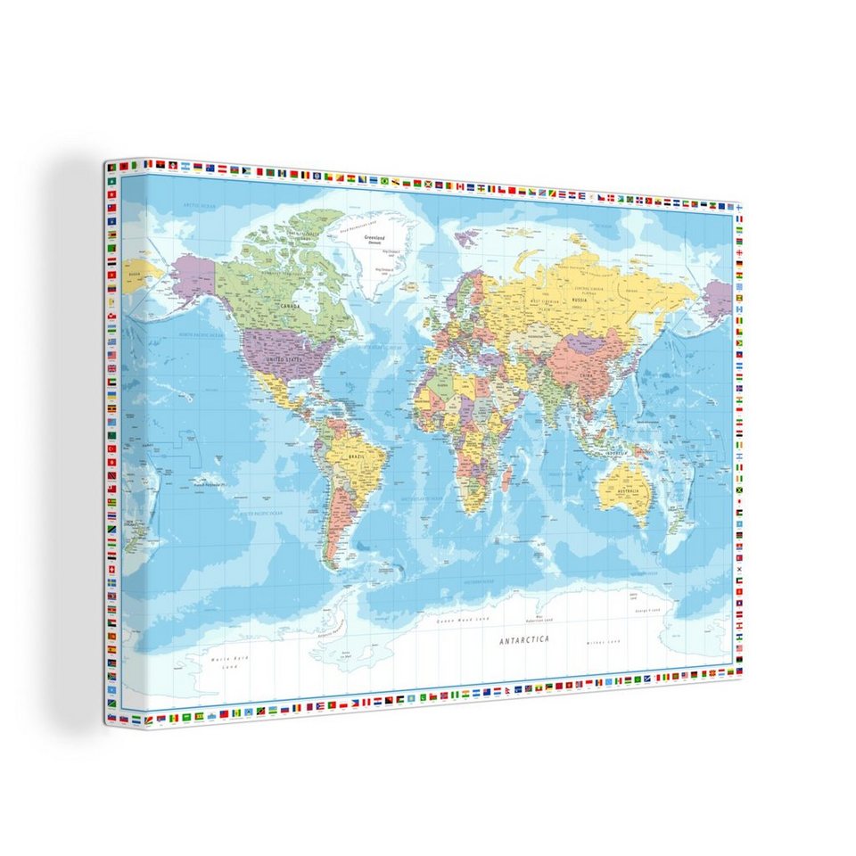 OneMillionCanvasses® Leinwandbild Weltkarte - Flagge - Politik, (1 St),  Wandbild Leinwandbilder, Aufhängefertig, Wanddeko, 30x20 cm