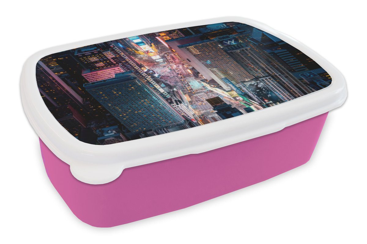 MuchoWow Lunchbox New York - Amerika - Times Square, Kunststoff, (2-tlg), Brotbox für Erwachsene, Brotdose Kinder, Snackbox, Mädchen, Kunststoff rosa