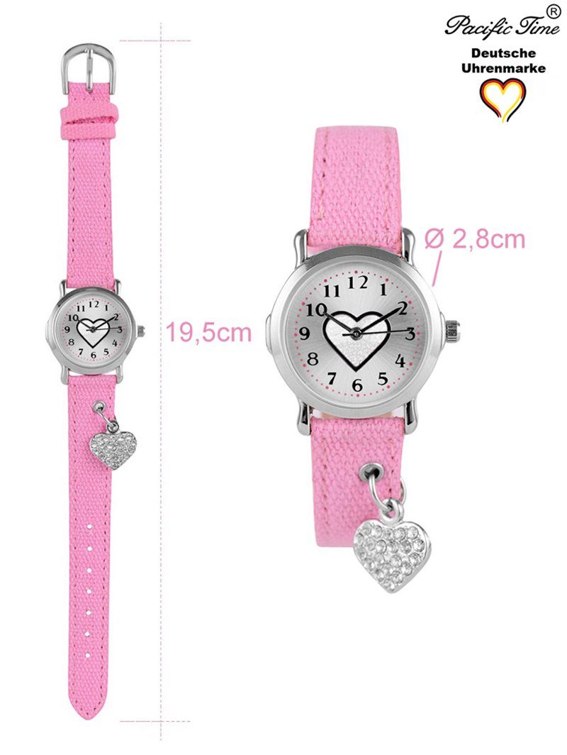 Gratis am - weiss rosa mit Kinder Herzanhänger Versand Armbanduhr Armband Pacific funkelndes Herzchen Stoffarmband, Time Quarzuhr