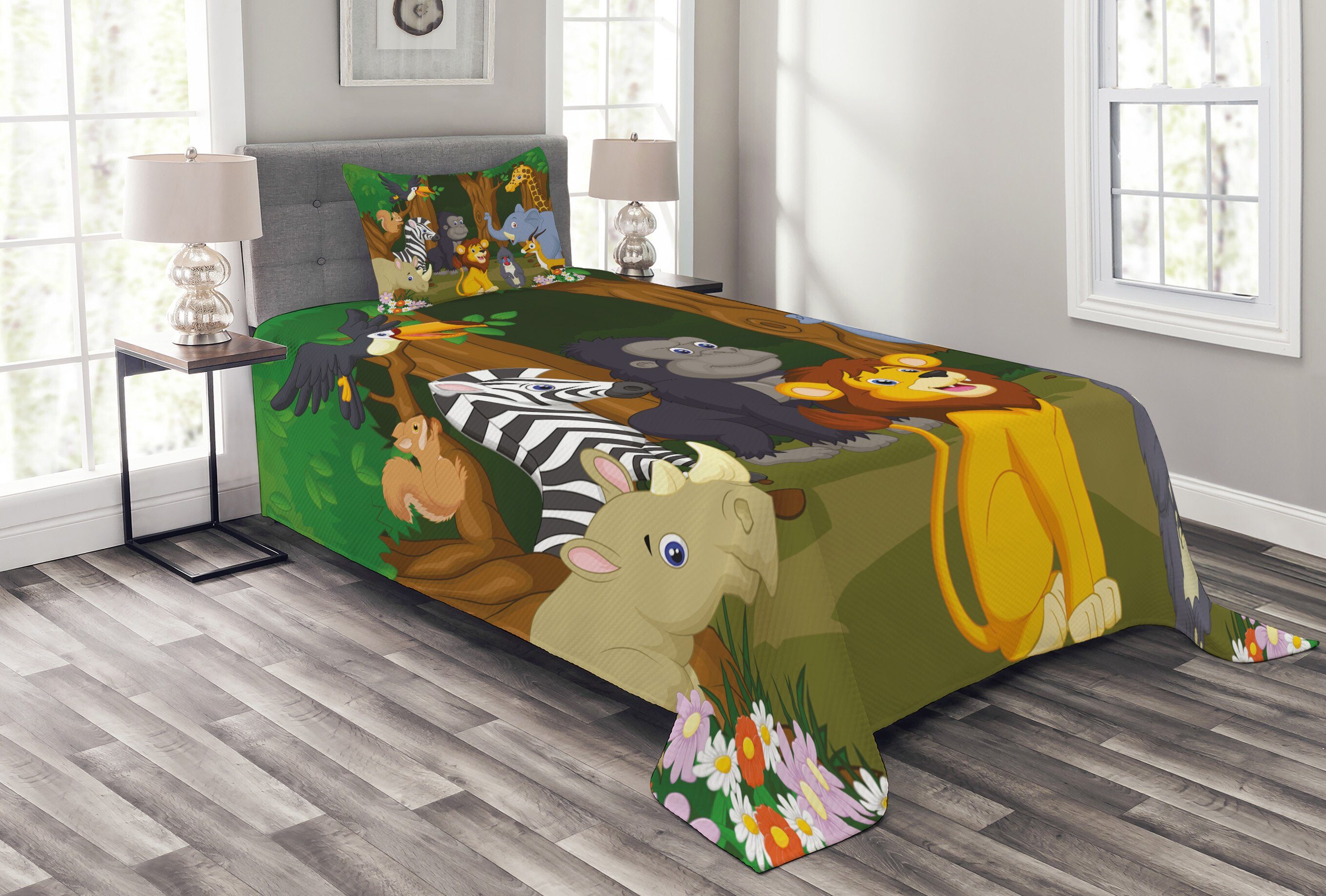 Tagesdecke Set mit Kissenbezügen Waschbar, Abakuhaus, Tier Cartoon-Elefant-Löwe
