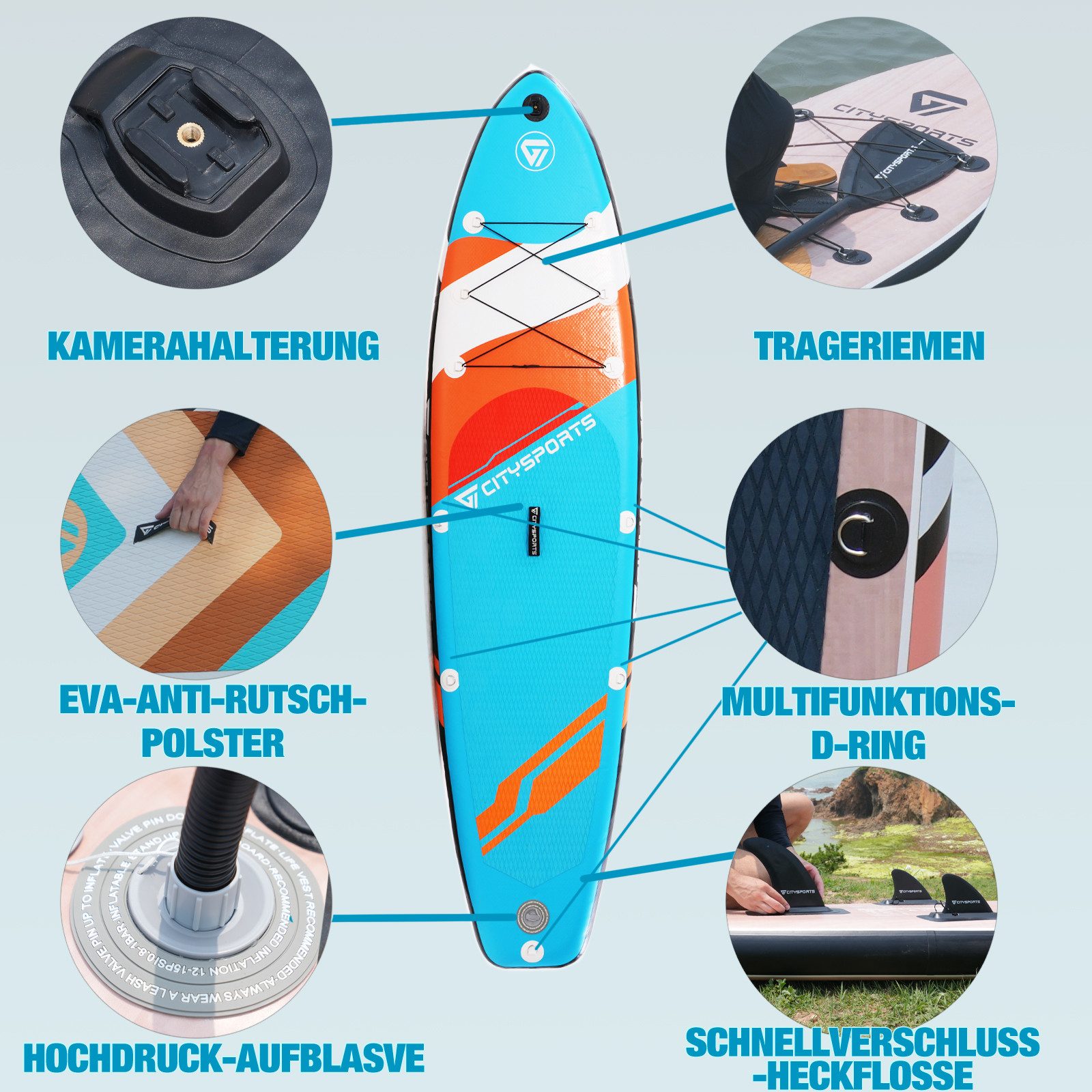 CITYSPORTS Stand Up Paddle Set 320x80x15 cm bis zu 160kg SUP-Board SUP-Paddel, Aufblasbar Stabil Leicht Komplett Set Tragetasche Paddel