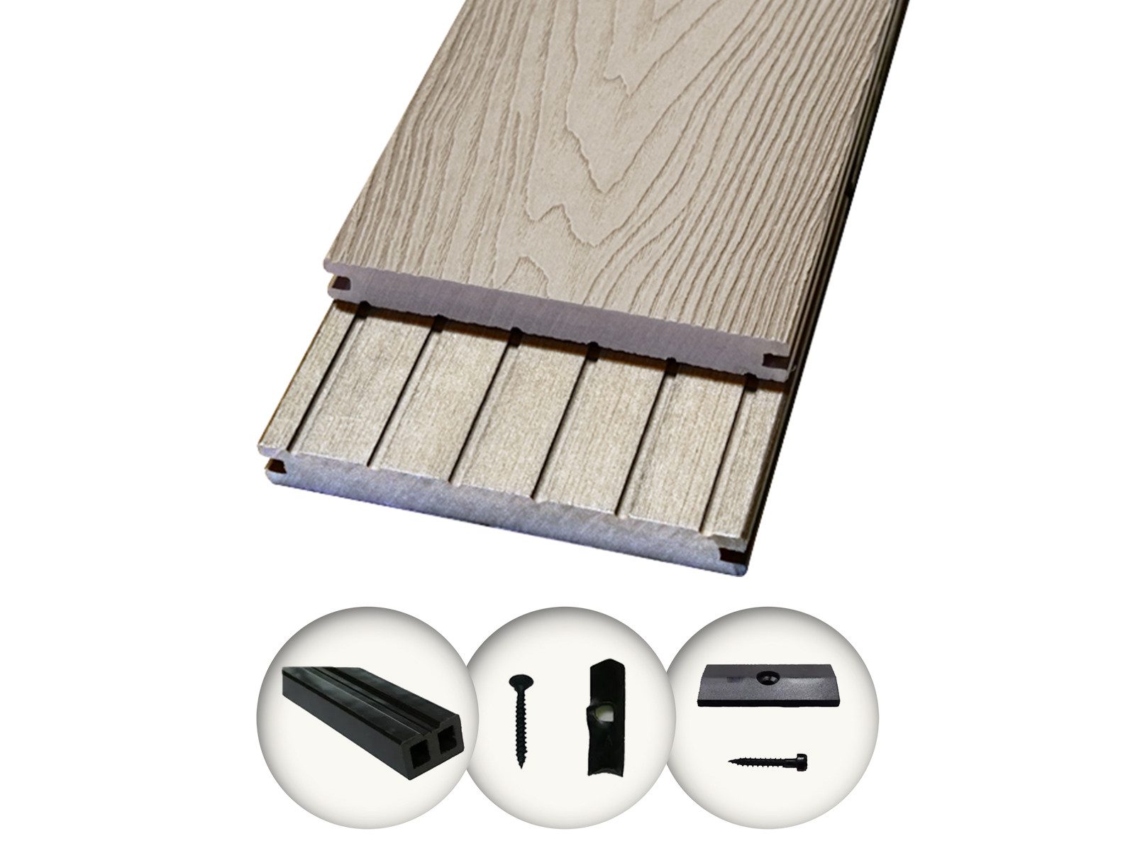 Woodstore24 Terrassendielen WoodoMalta WPC Massivdiele in Holzoptik für den Garten mit Clipsystem, (Bodenbelag Komplettset mit Unterkonstruktion, Clip-Befestigung, 2,4m L x 14,6cm B x 1,8cm Stärke, in grau, anthrazit & braun), Holzoptik, Klicksystem, Außenbereich, Gastronomie geeignet, wetterfest