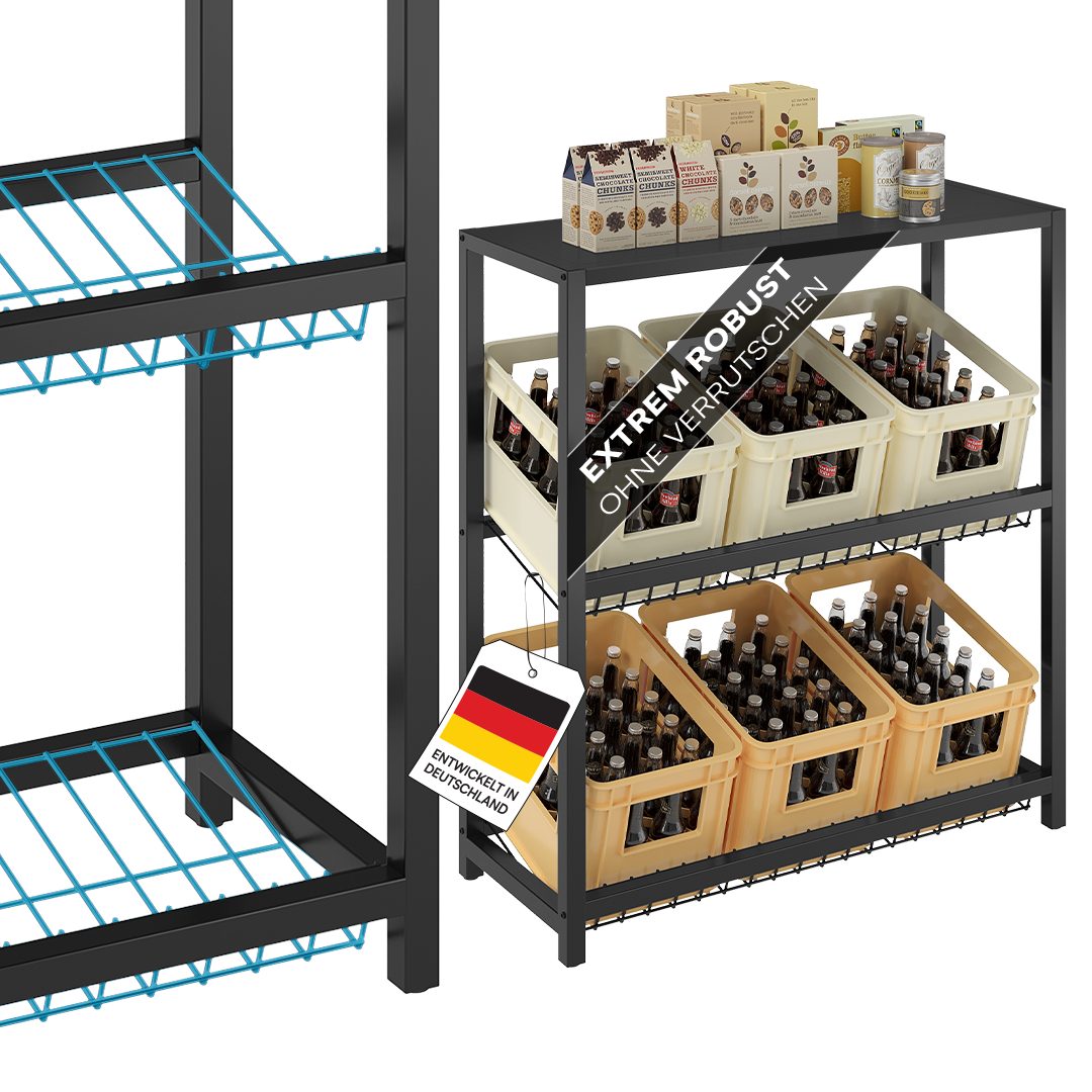 STEELSØN Flaschenregal Montune mit Ablagefläche, Kistenregal für Getränke, Gemüse & Obst, Getränkekistenregal in Schwarz, für 6 Kisten, auch verfügbar für 2 oder 4 Kisten