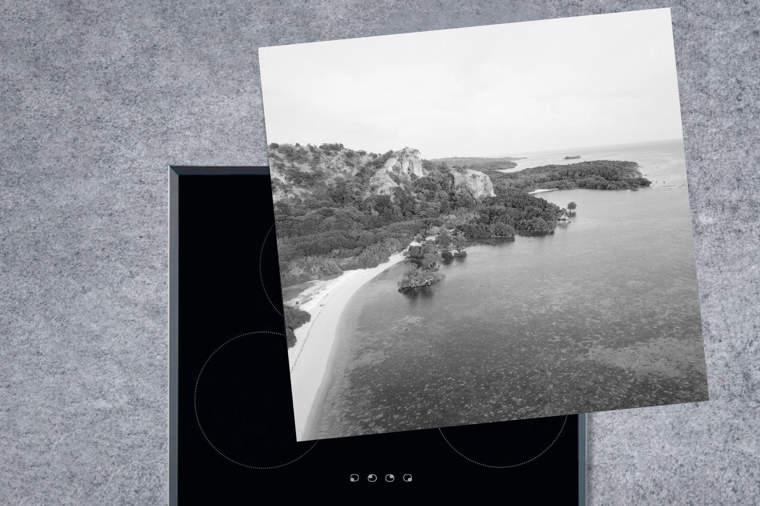 Strand küche Ceranfeldabdeckung, (1 Arbeitsplatte Schwarz Vinyl, - Meer Weiß, 78x78 für Herdblende-/Abdeckplatte cm, - tlg), MuchoWow -