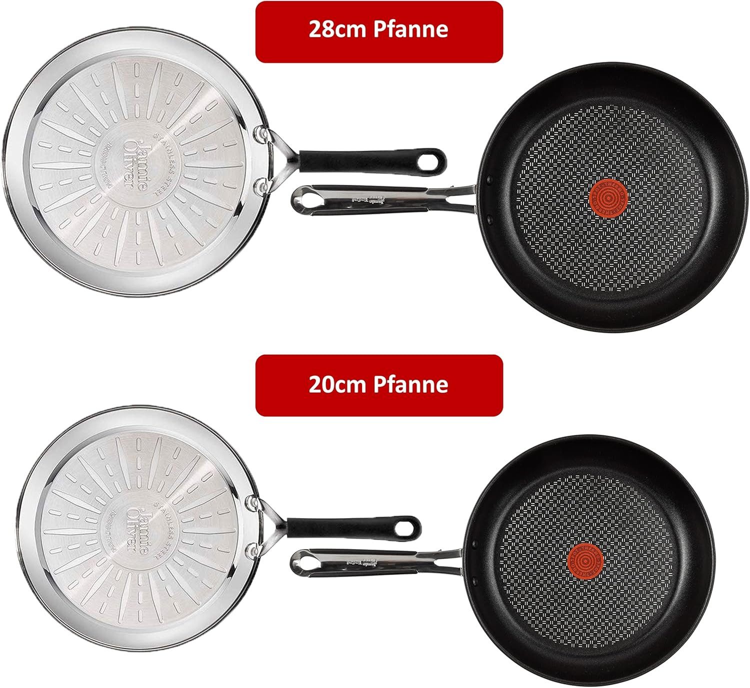 Tefal Pfannen-Set Jamie Oliver E76 Pfannenset 20, 28cm, Pfanne alle Herdarten+ Induktion, Edelstahl 18/10 (Pfanne, Bratpfannen Set, Pfannenset, Wok, Wokpfanne, Schmorpfanne, SET7 Pfannen Inkl. 1 Wender & Filzschoner), für alle Herdarten geeignet