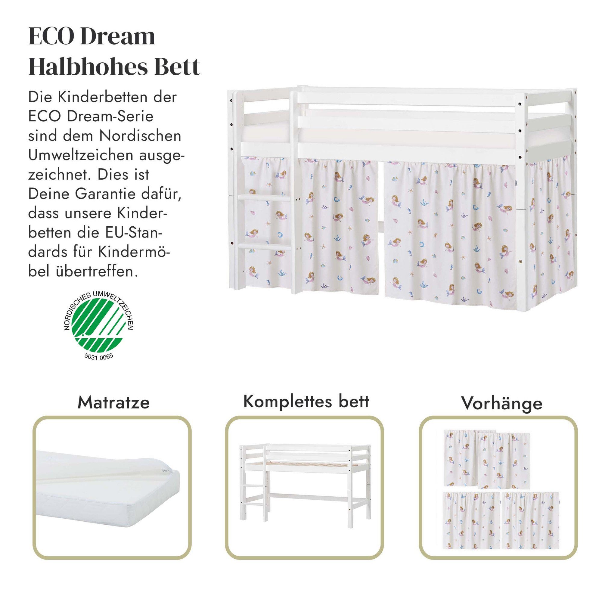 Dream, Meerjungfrau-Vorhang, Spielbett mit Größen 2 & Massivholzbett Hoppekids ECO Matratze wählbar