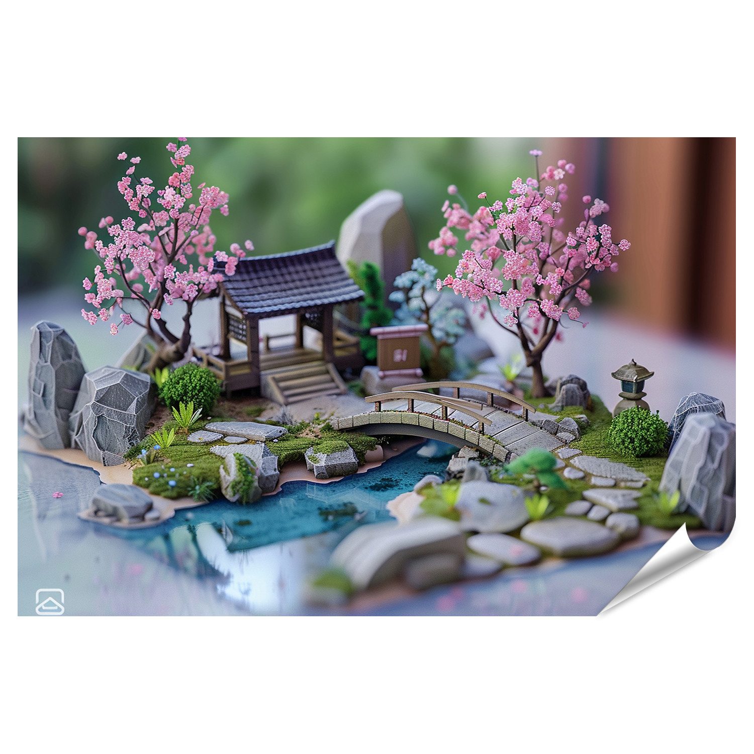 islandburner Poster Miniatur-Japanischer Zen-Garten mit Kirschblütenbaum, kleiner Brücke