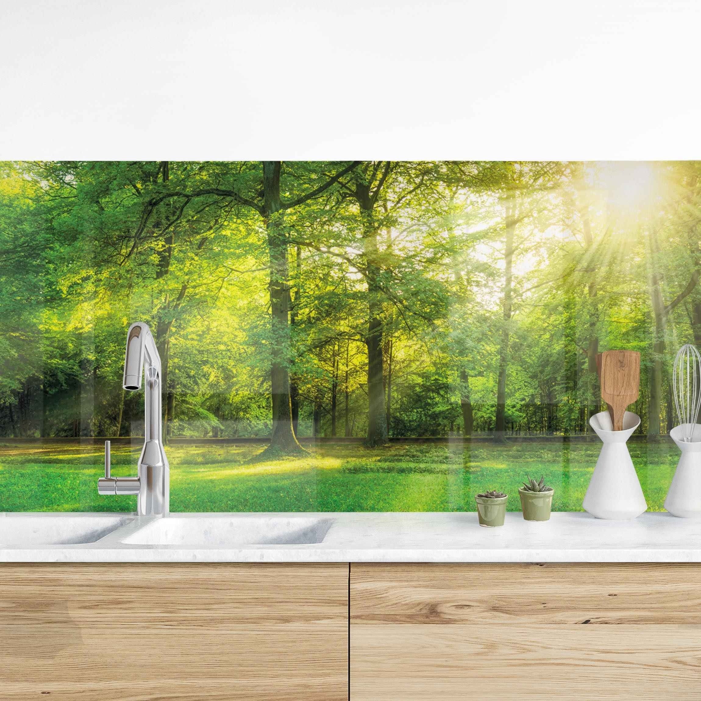 Bilderdepot24 Küchenrückwand grün dekor Bäume Wald Natur Spaziergang im Wald Wandverkleidung Küche, (1-tlg., Nischenrückwand - für Fliesenspiegel ohne Bohren - matt), Spritzschutz Rückwand Küche Herd - Folie selbstklebend versch. Größen