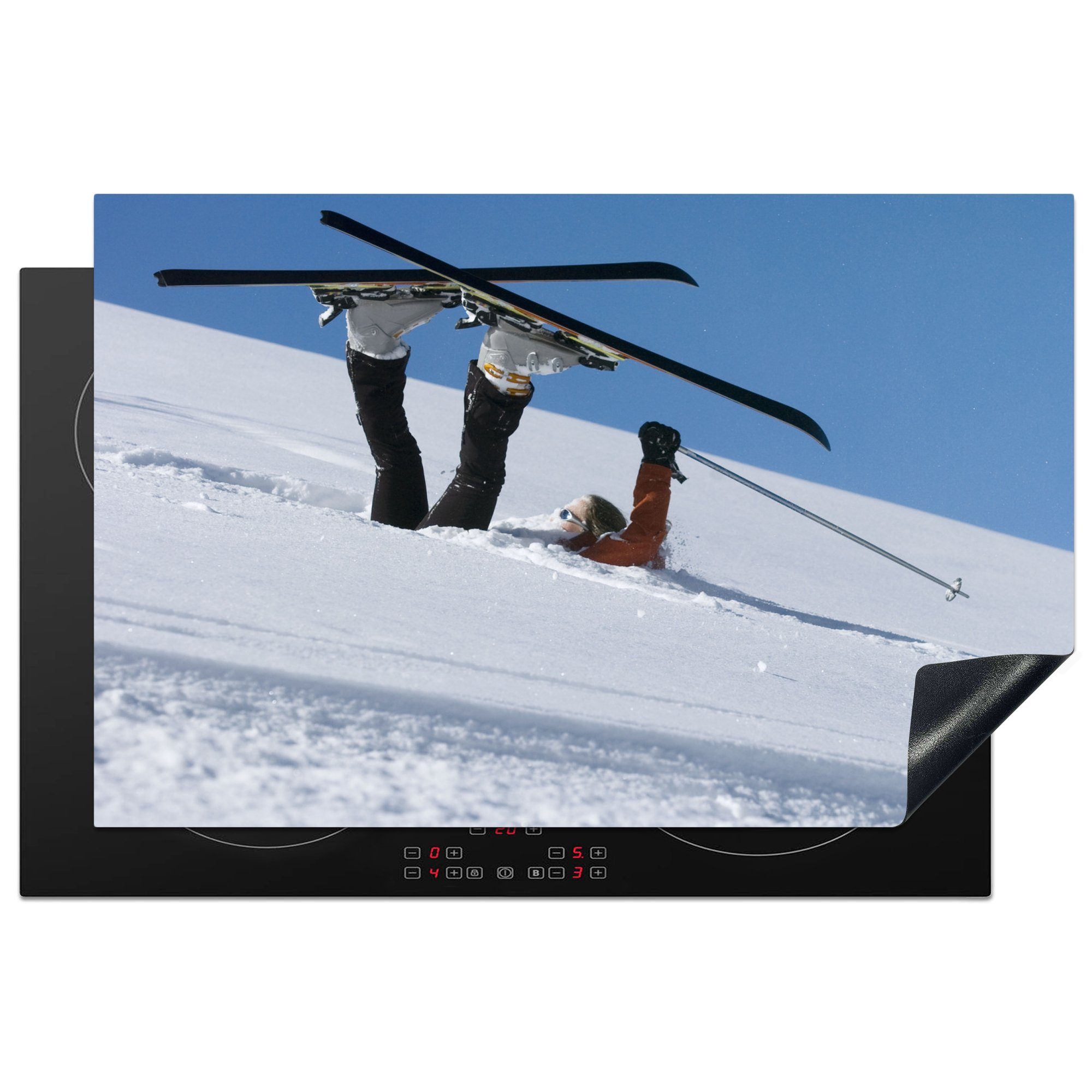 MuchoWow Herdblende-/Abdeckplatte Ein Skifahrer ist unter dem Schnee begraben, Vinyl, (1 tlg), 81x52 cm, Induktionskochfeld Schutz für die küche, Ceranfeldabdeckung