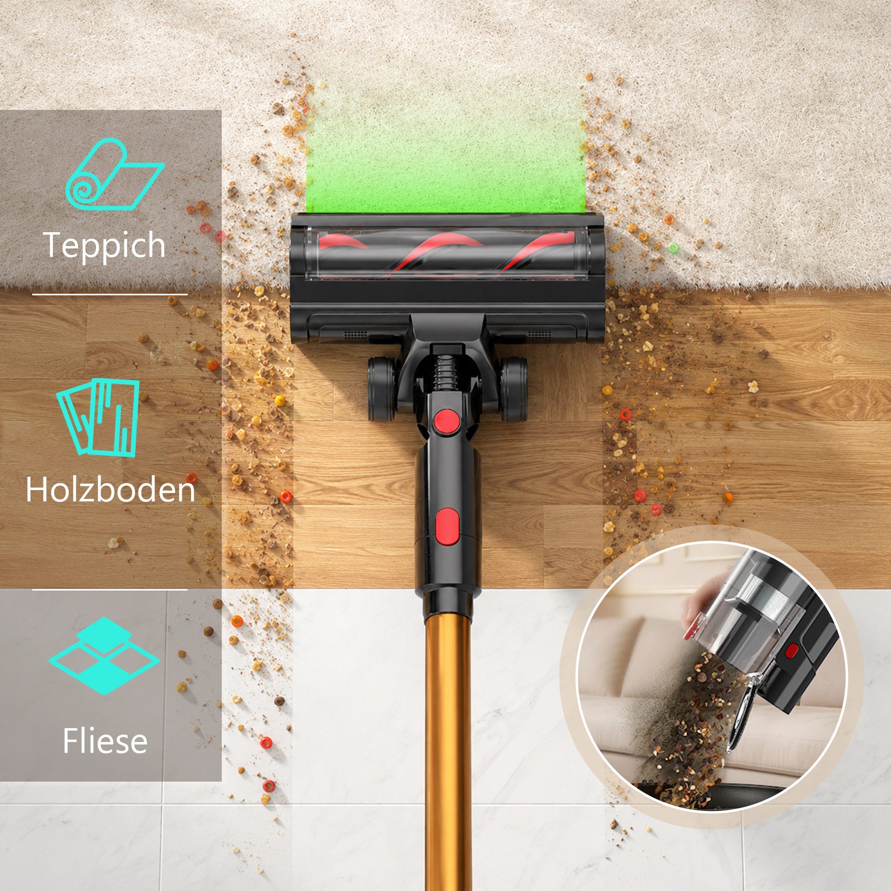 Lapamax Akku-Hand-und Stielstaubsauger Staubsauger Kabellos für Teppiche Tierhaare Hartböden Auto, 8 in 1, mit Hurrikanmodus, Anti-Tangle-Bürste, OLED Display, Wandladestation