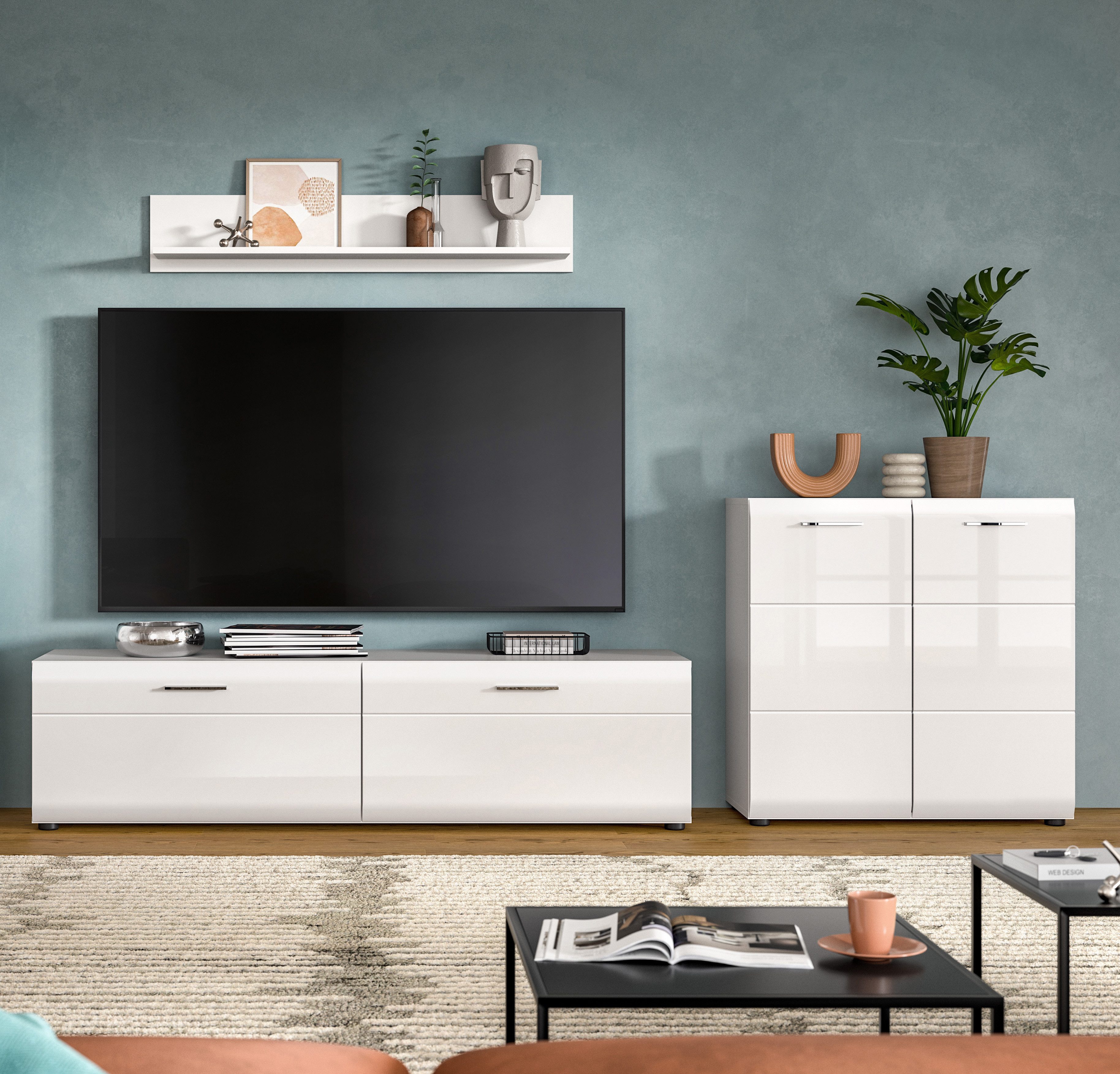 furnling Wohnzimmer-Set Ivy, (3-St., Kommode, Lowboard, Wandboard), hochwertige MDF Front mit Rillenfräsung, weiß Hochglanz, Breite 255 cm